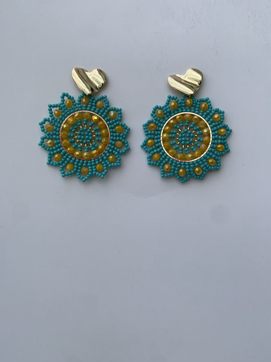 Large round mandala disc earrings in turquoise and olive with faceted crystal accents and hammered gold heart stud.
