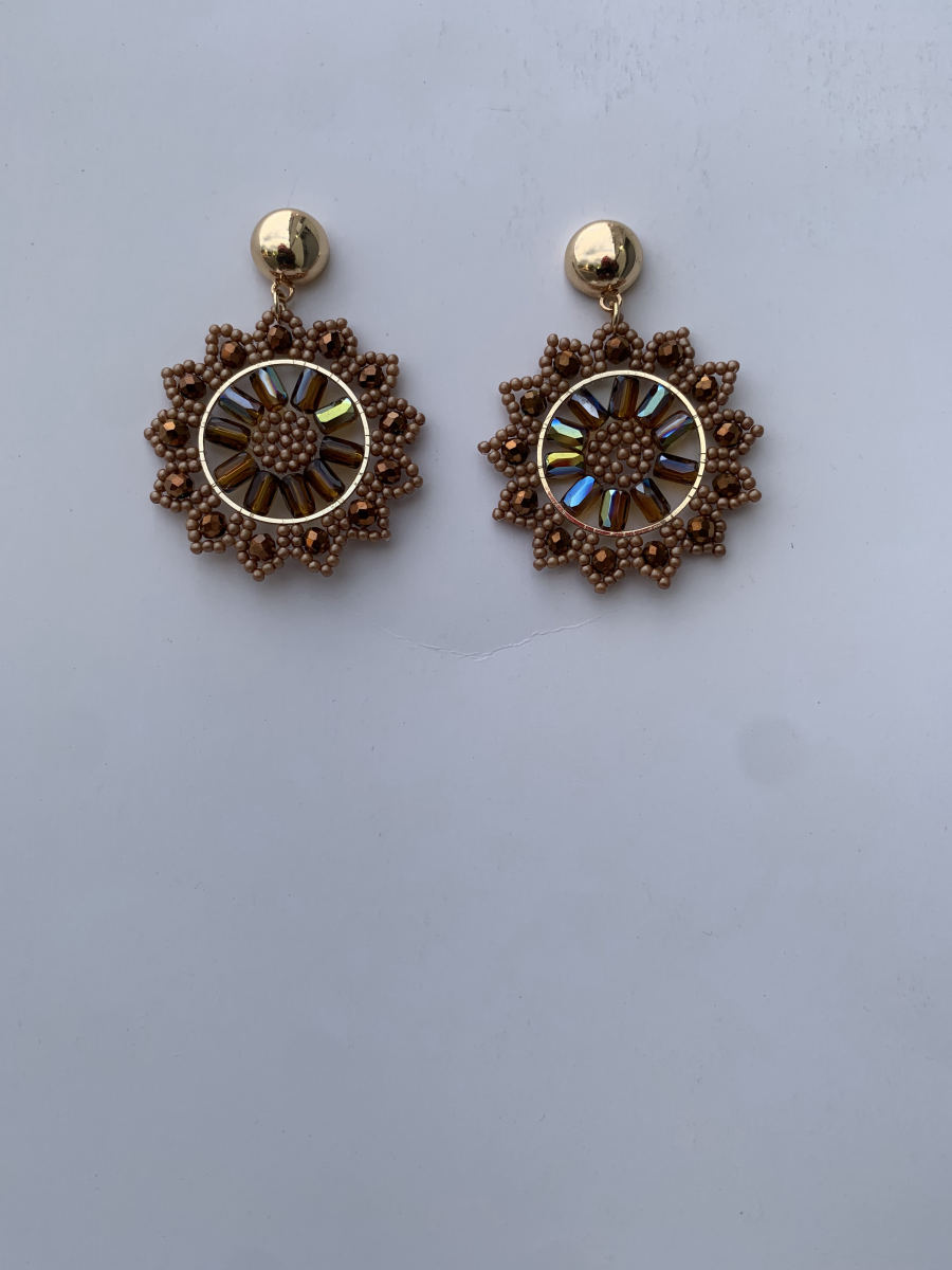 Round mandala earrings with AB crystal bugle bead spokes in bronze and tan seed beads, gold dome stud top.