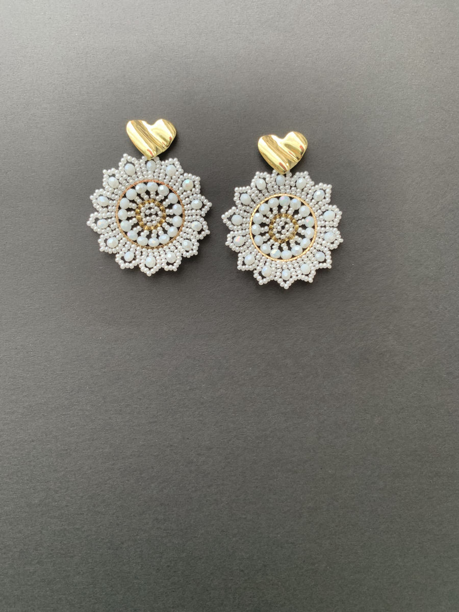 Elegant pearl white mandala disc earrings with gold seed bead centre and hammered gold heart stud top.