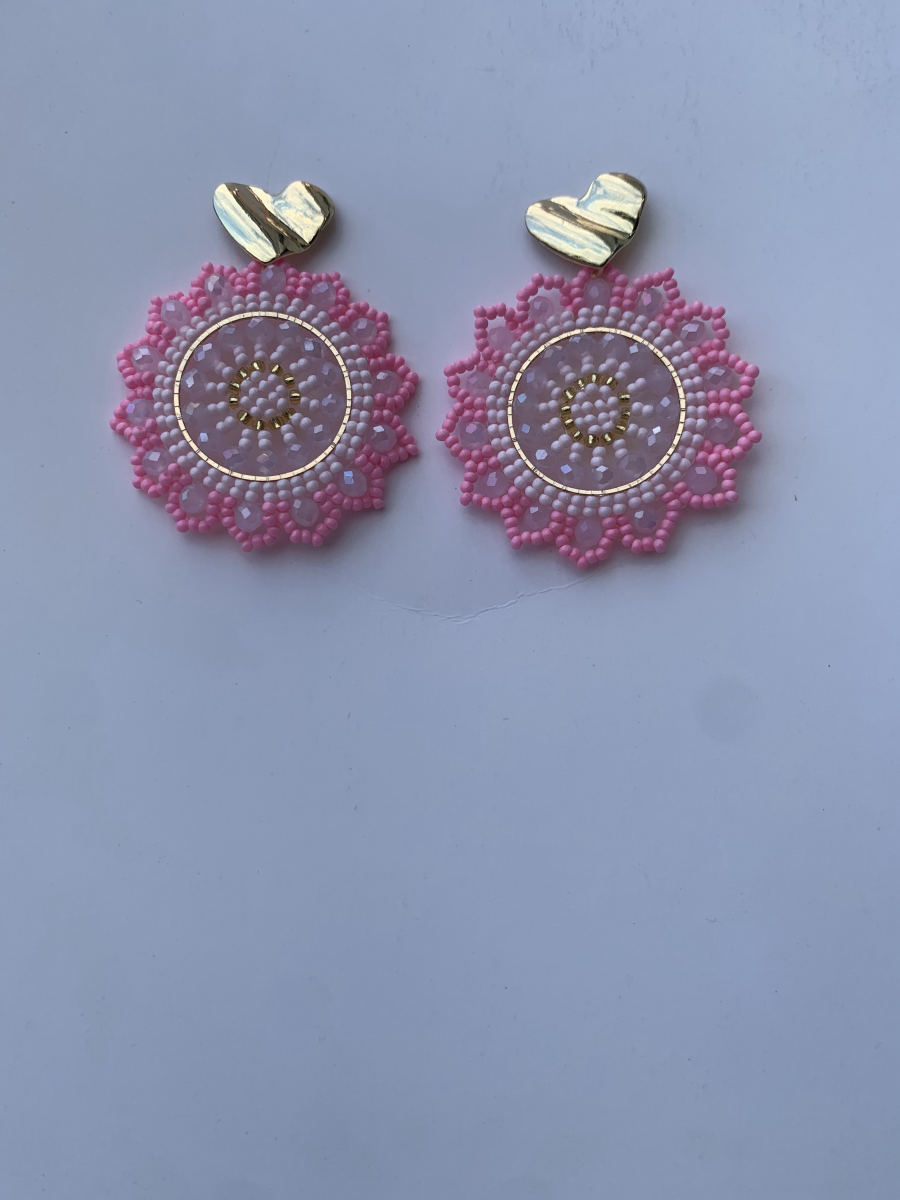 Two-tone pink and blush round mandala disc earrings with crystal bead accents and hammered gold heart stud top.