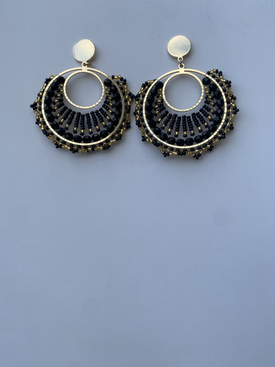 Fan-shaped open hoop earrings with radiating black crystal and gold bugle bead fringe, flat gold disc stud top.