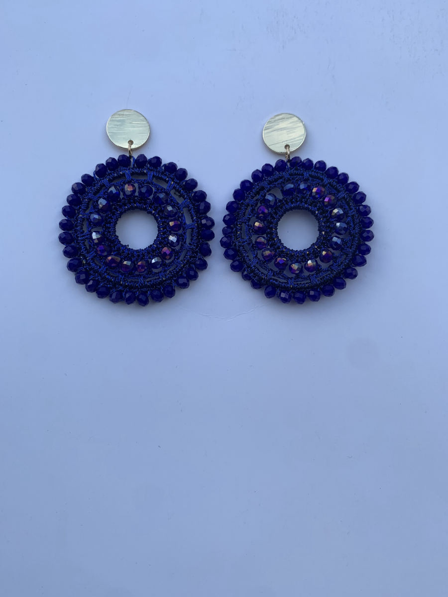 Open circle hoop earrings with crochet lace base and faceted navy AB crystals, flat gold disc stud top.