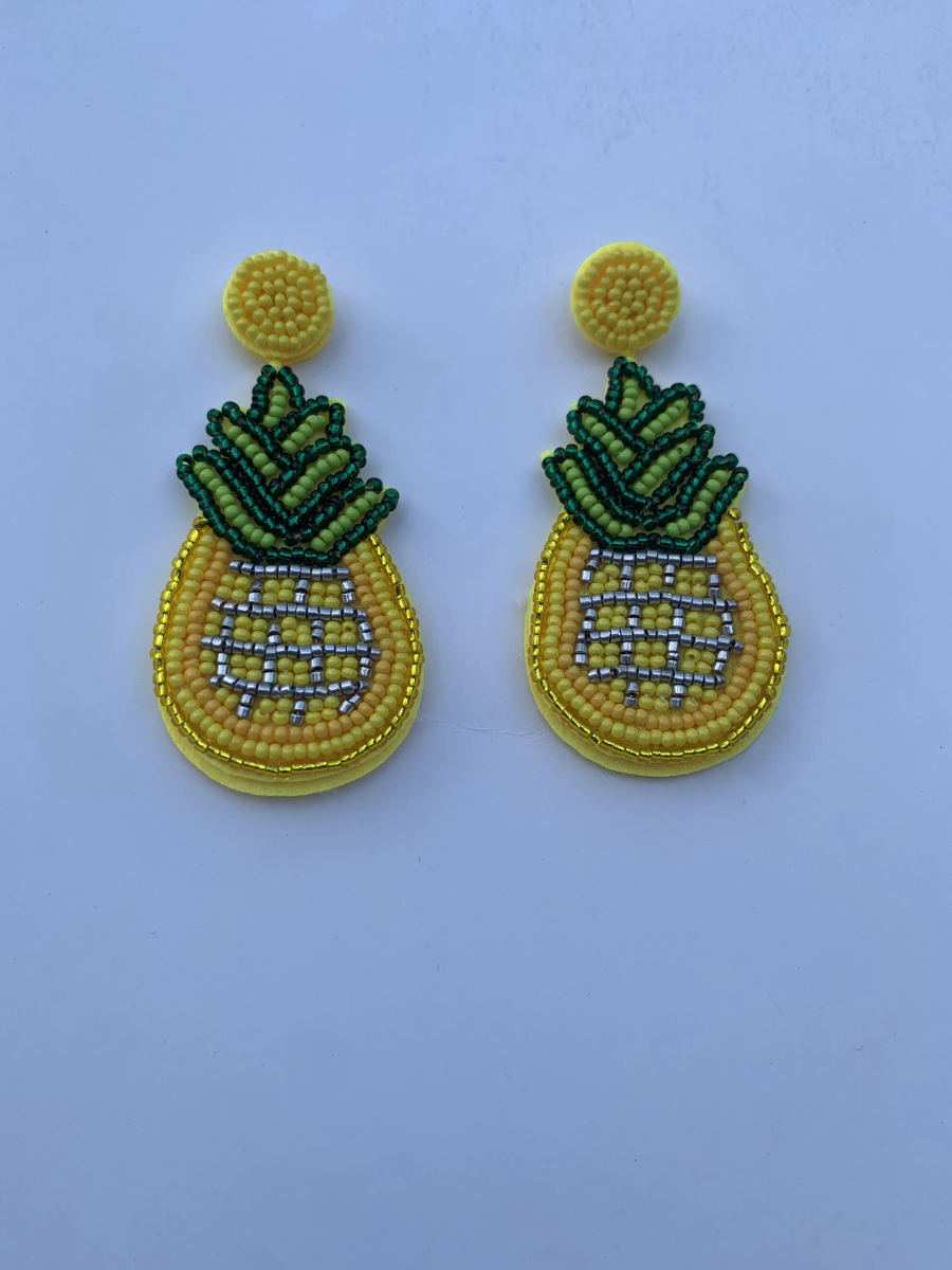 Beaded pineapple earrings with dark green crown, yellow body with silver bugle bead lattice, and yellow round stud top.