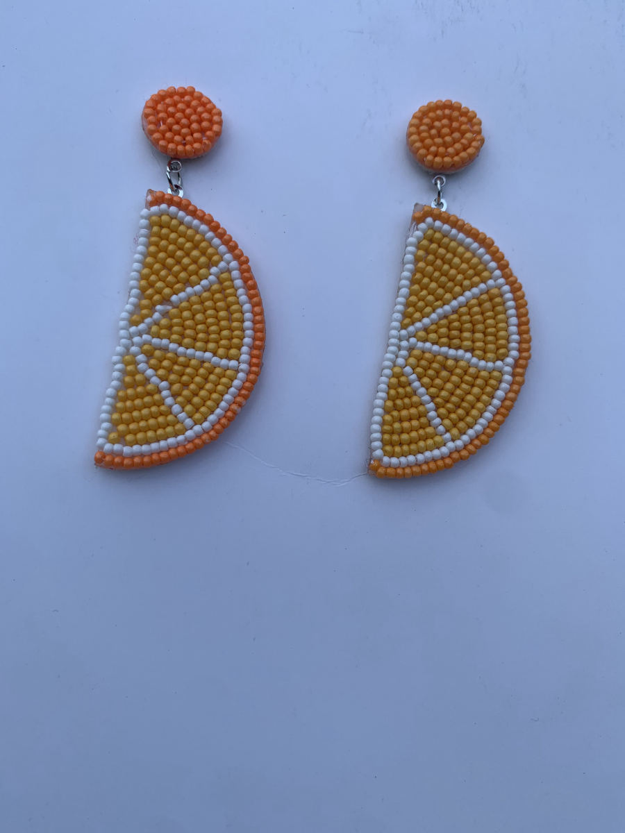 Beaded orange citrus slice earrings in warm orange and yellow tones with orange round stud top.