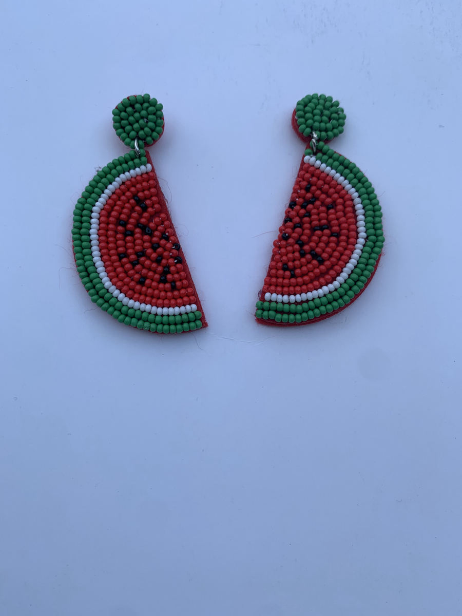 Beaded watermelon slice earrings with red flesh dotted with black seed beads, white border, green rind, and green round stud top.