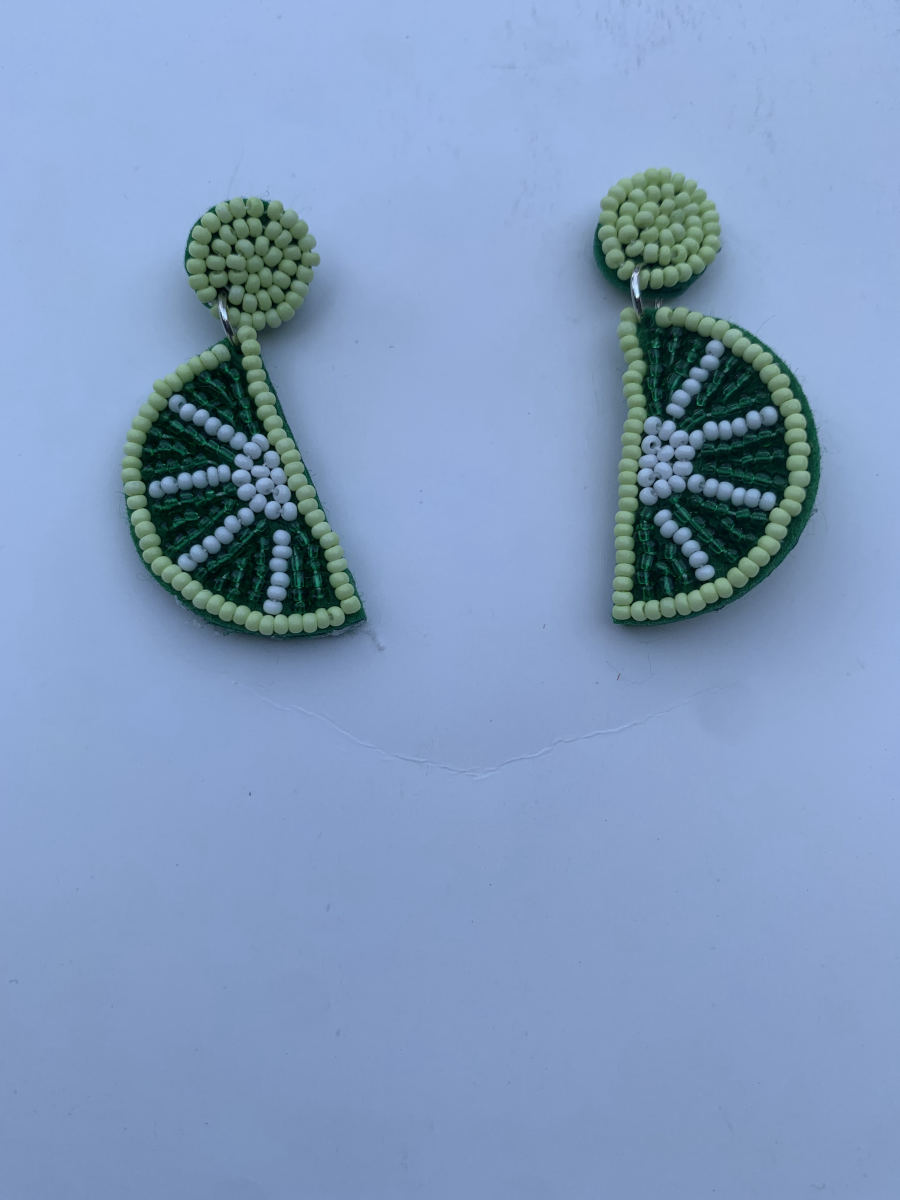 Beaded lime citrus wedge earrings in dark green and lime with white segment lines and lime-yellow round stud top.