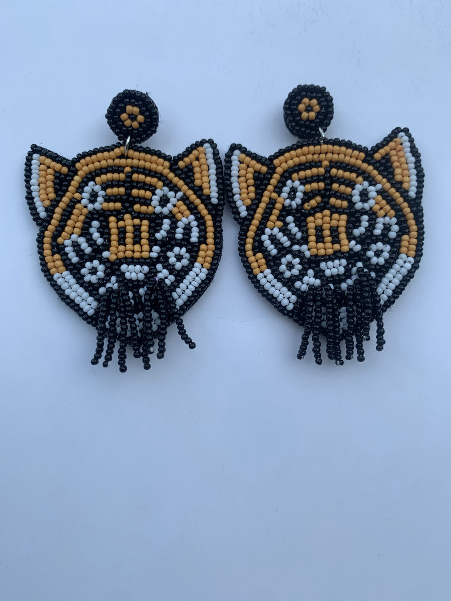 Beaded tiger face portrait earrings in amber and black with white muzzle and short black seed bead fringe beard.
