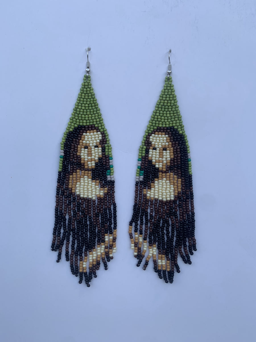 Long fringe earrings with beaded owl figure in upper panel, long seed bead fringe in earthy brown and dark tones on wire hook.