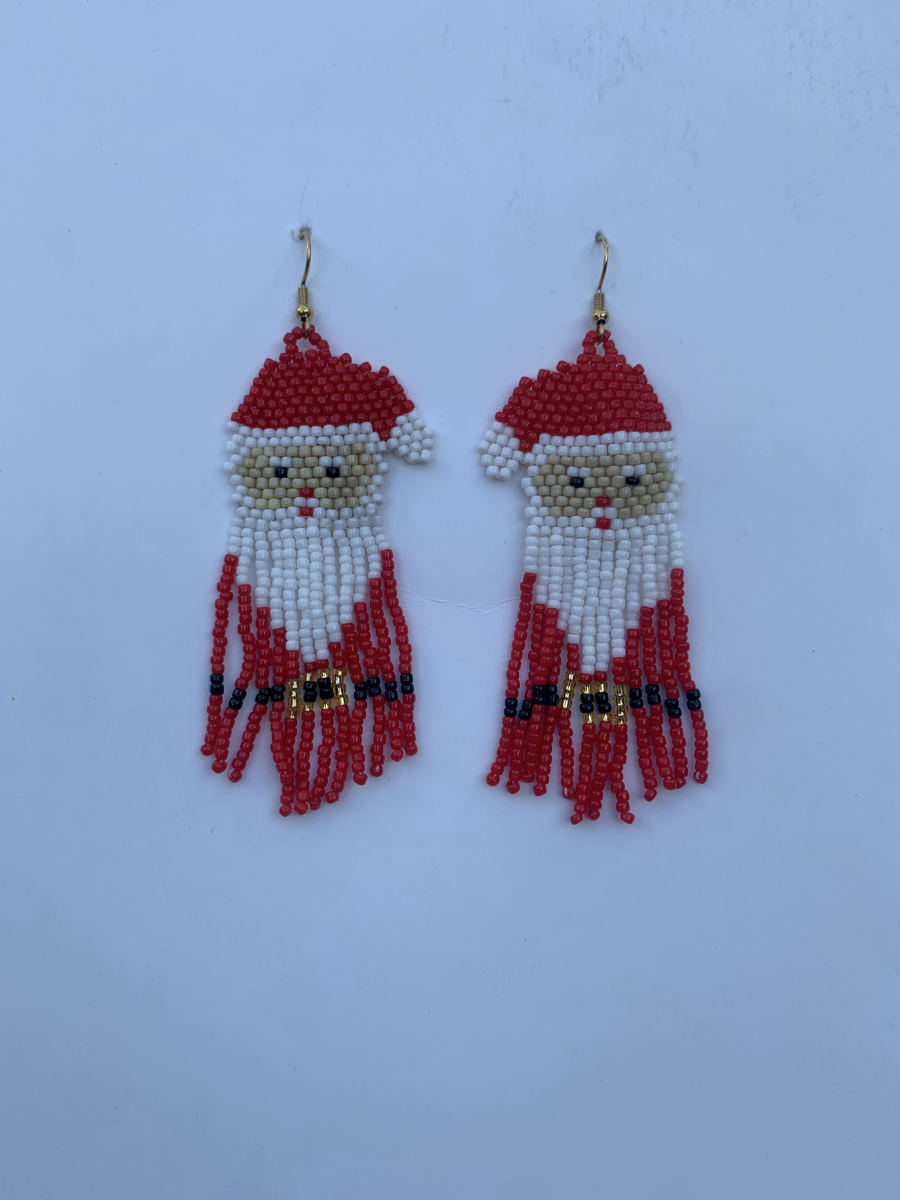 Beaded Santa Claus face earrings with red hat and white beard, red and white fringe with gold and black belt band detail, wire hook.