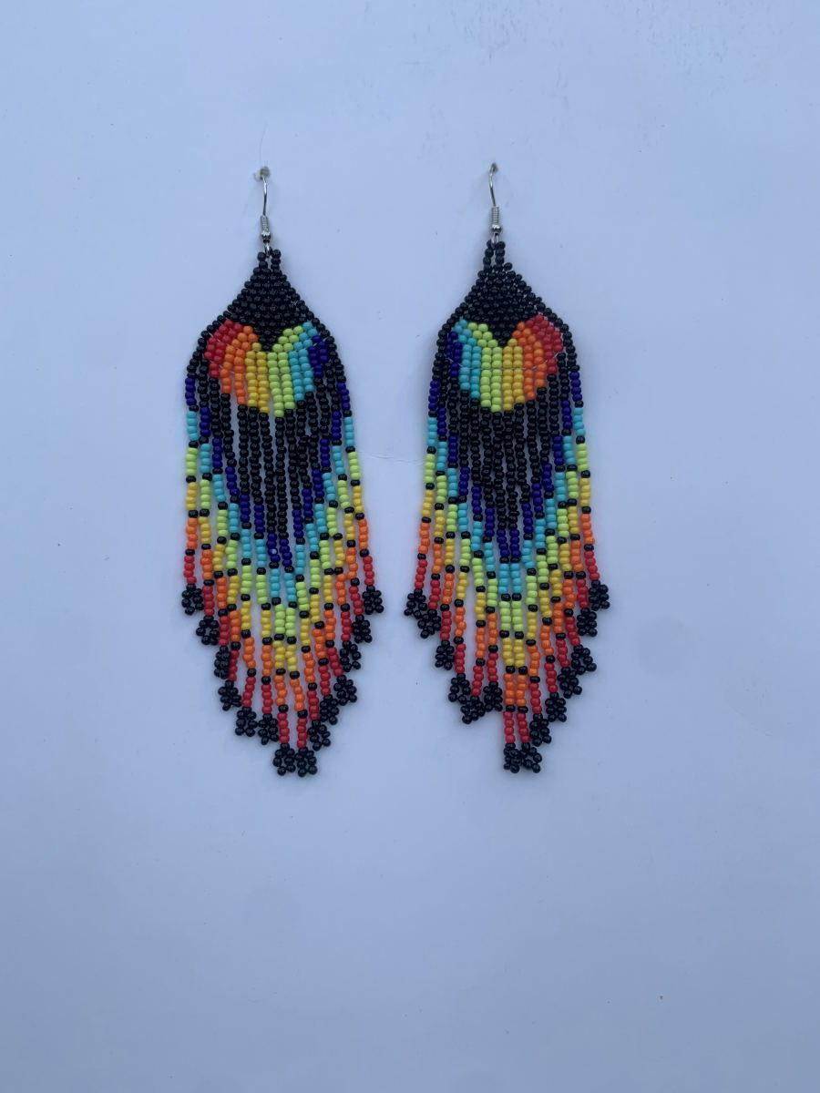 Long fringe earrings with rainbow heart motif on deep black bead ground, multicolour cascading fringe, wire hook.