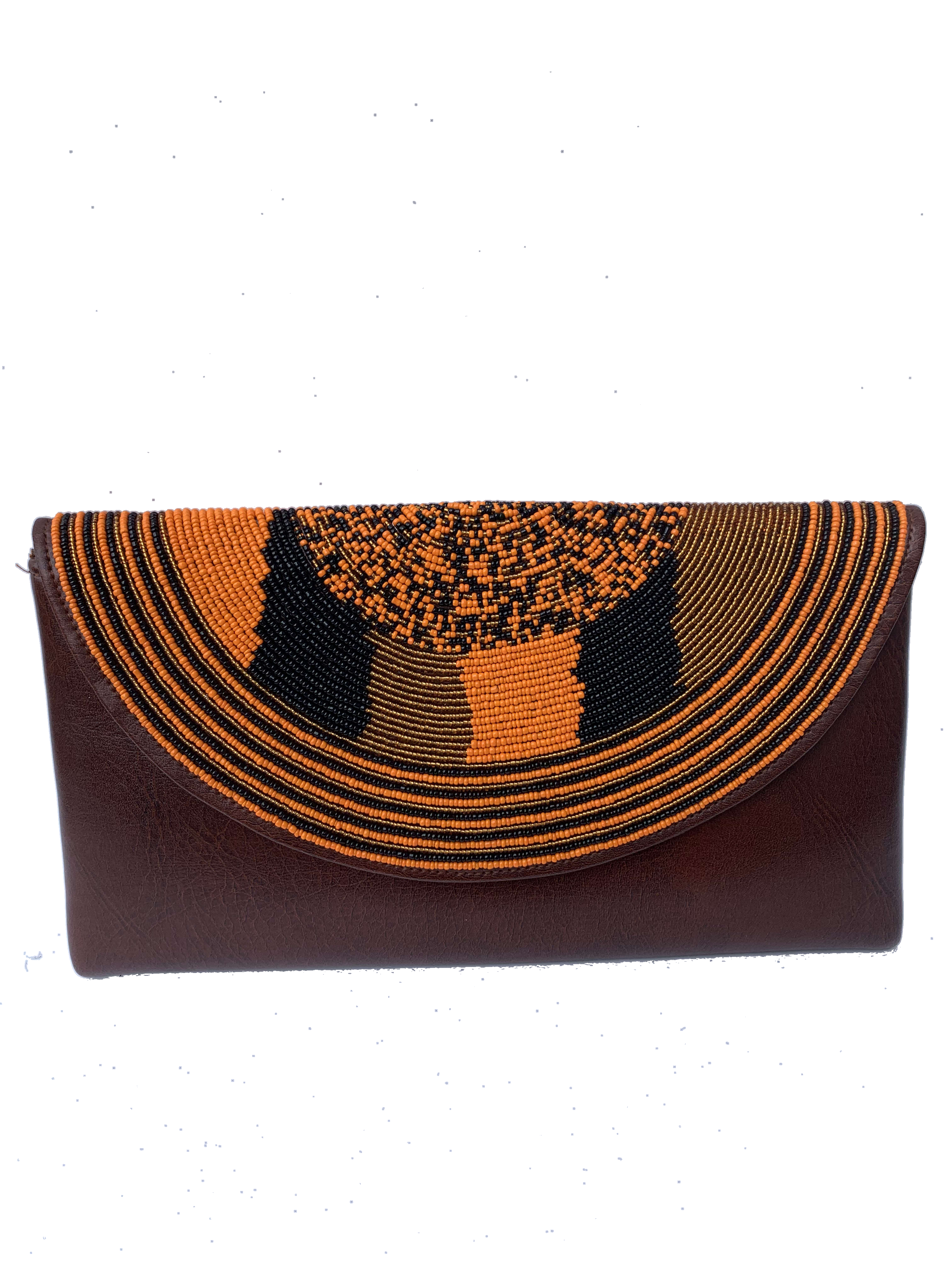 Kumasi Tree of Life Clutch — handmade brown leather, orange, black, gold beaded leather clutch by Rama, Ghana, Duncan BC