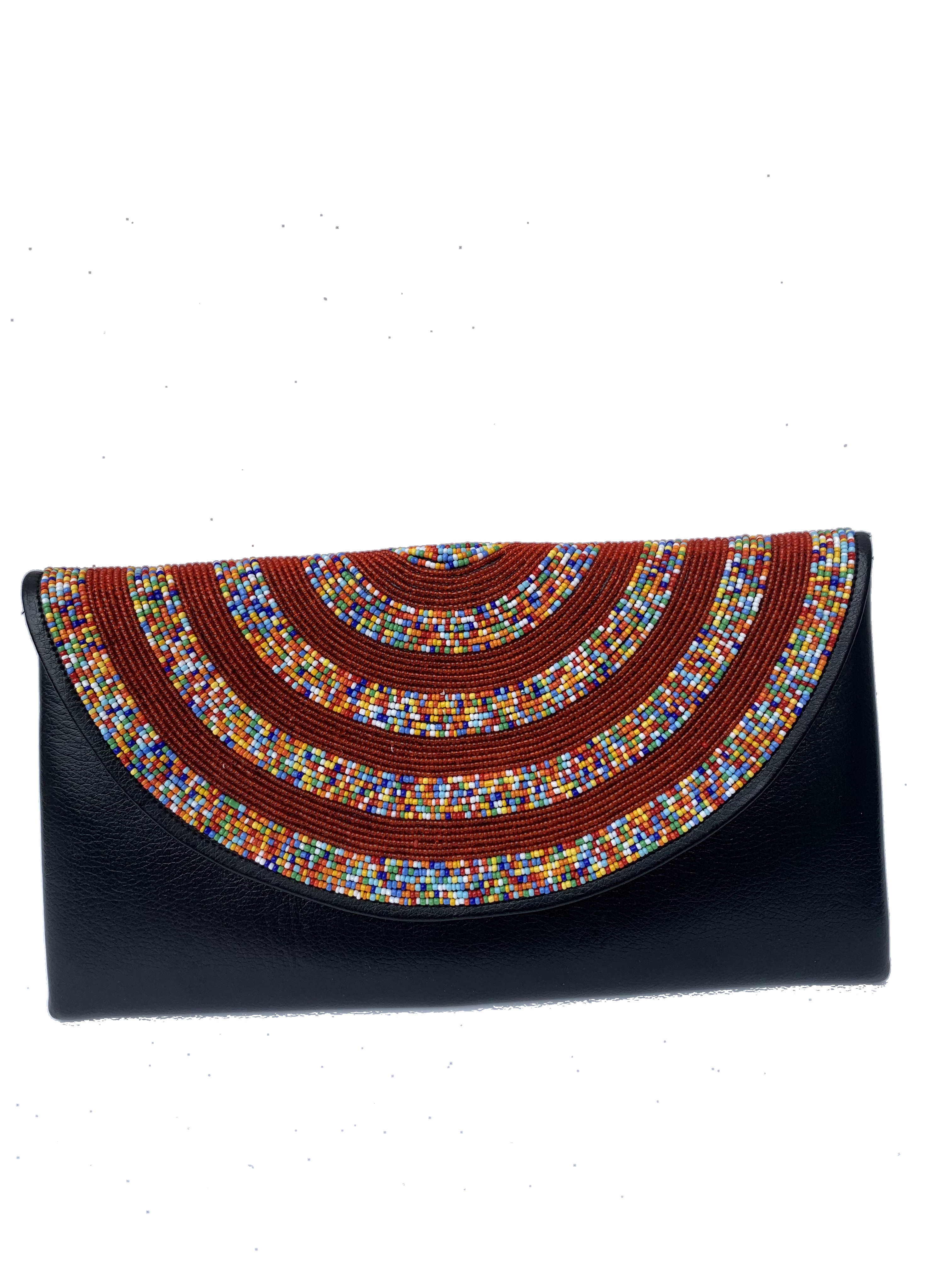 Accra Rainbow Arc Clutch — handmade black leather, rainbow, multicolor beaded leather clutch by Rama, Ghana, Duncan BC