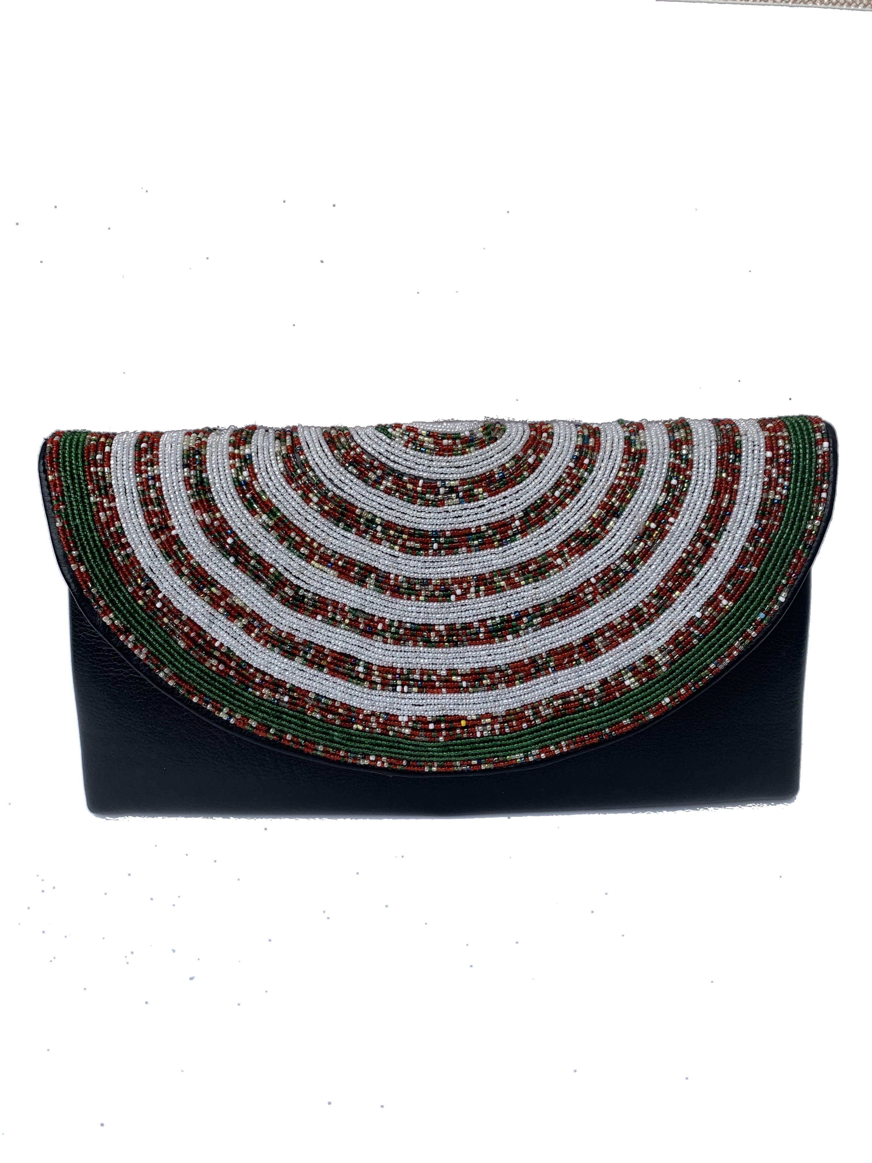 Elmina Ivory Arc Clutch — handmade brown leather, white, black, ivory beaded leather clutch by Rama, Ghana, Duncan BC