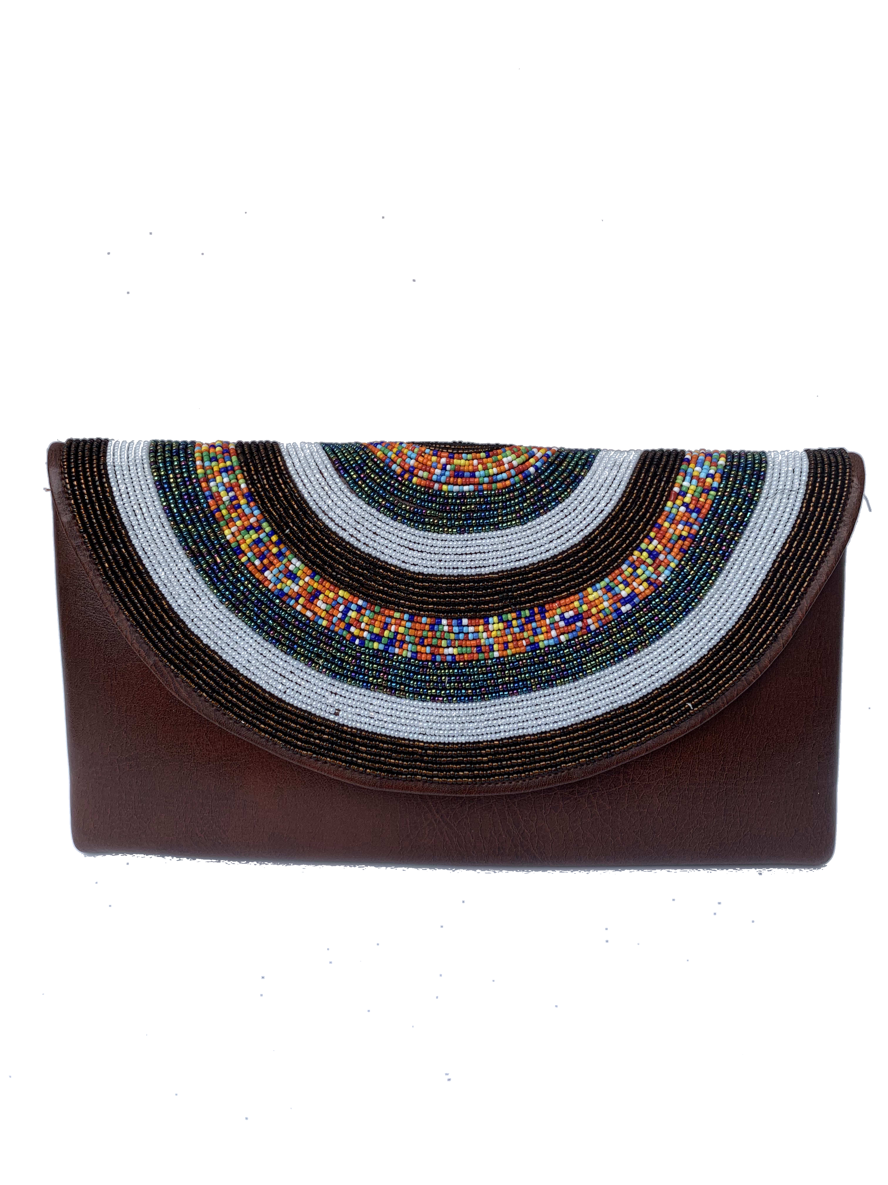 Tema Confetti Clutch — handmade brown leather, multicolor, confetti beaded leather clutch by Rama, Ghana, Duncan BC
