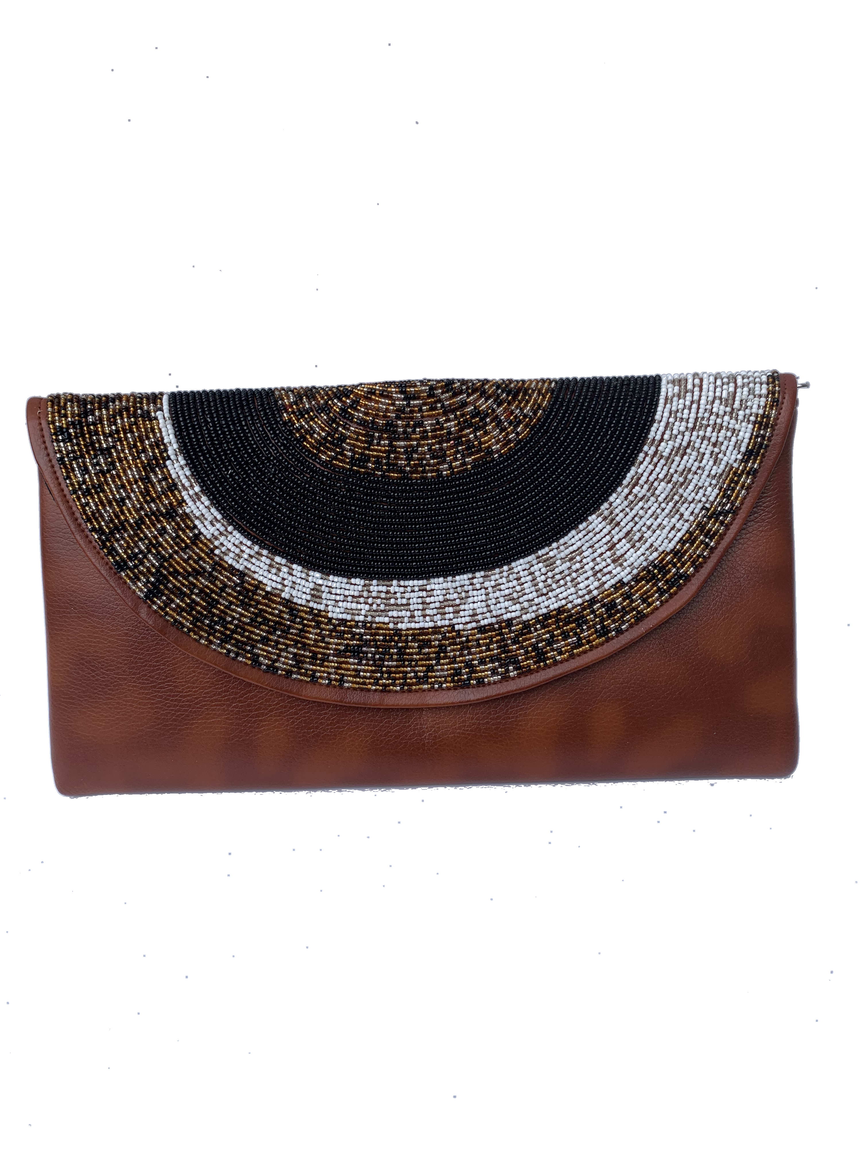 Sekondi Moonlight Clutch — handmade brown leather, black, white, silver beaded leather clutch by Rama, Ghana, Duncan BC