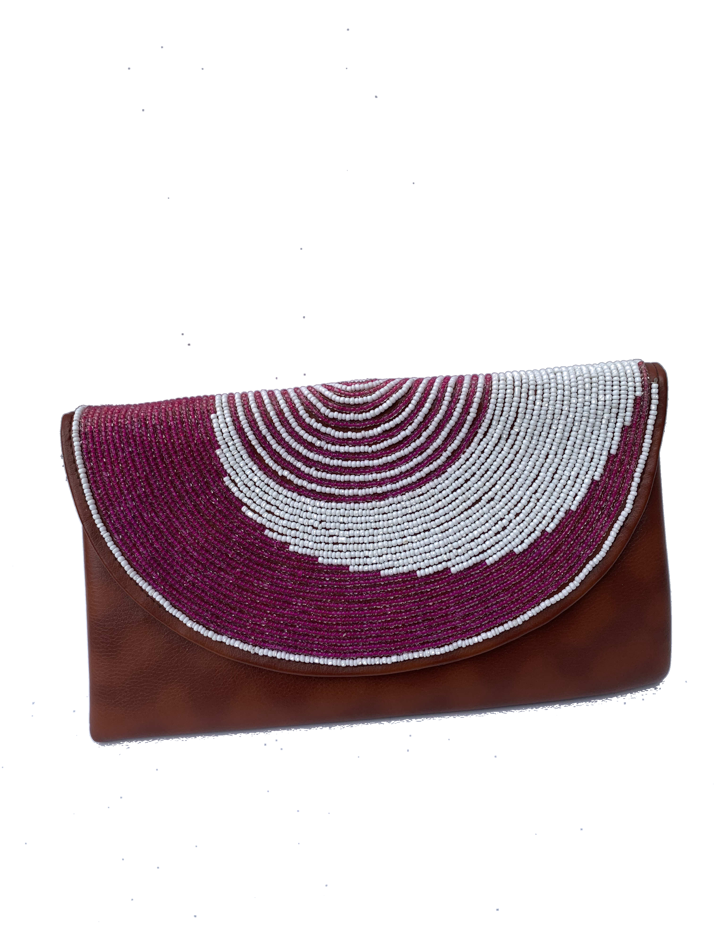 Cape Coast Orchid Clutch — handmade brown leather, purple, white, pink beaded leather clutch by Rama, Ghana, Duncan BC