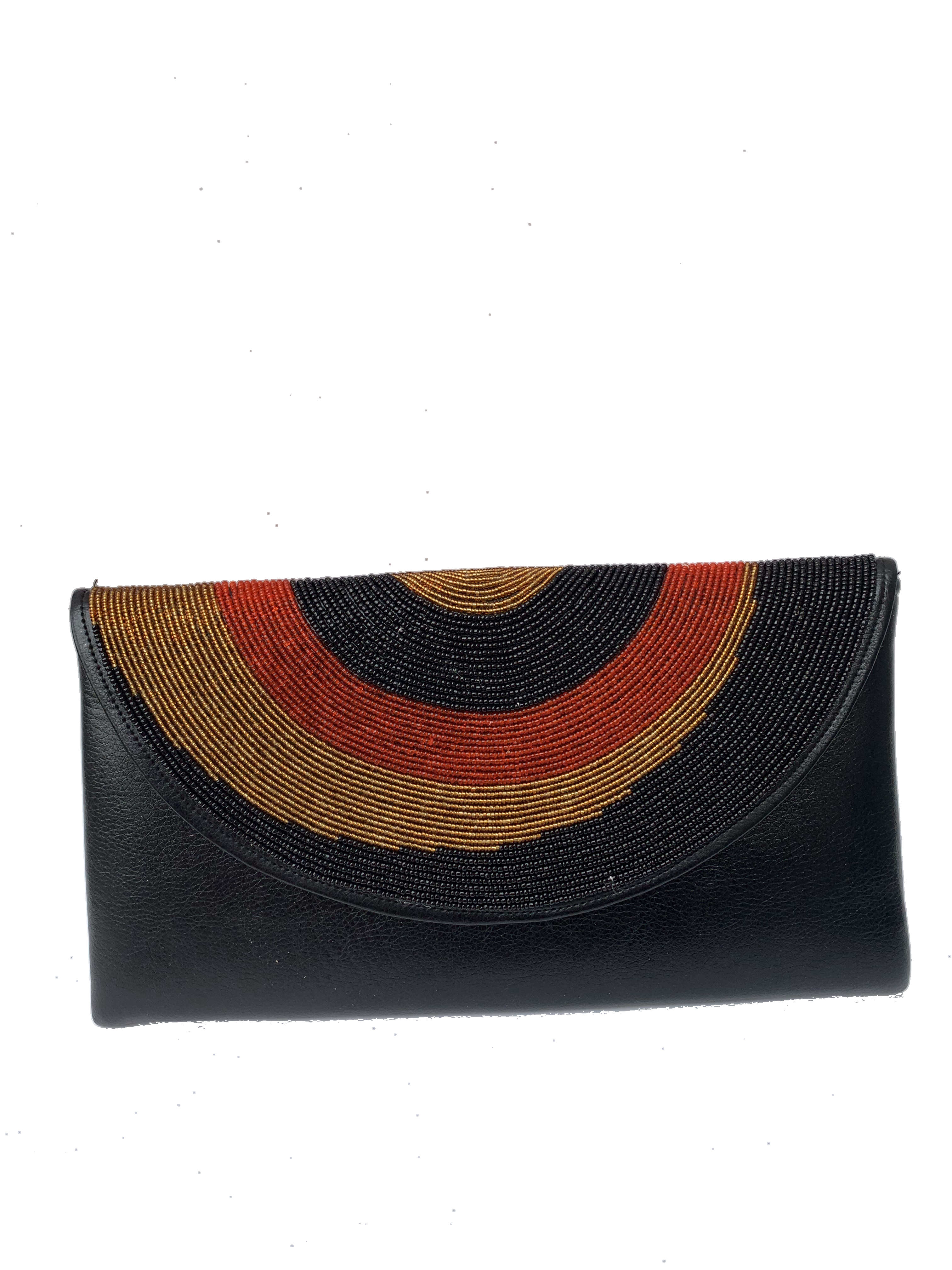 Tamale Sunset Clutch — handmade black leather, orange, brown, white beaded leather clutch by Rama, Ghana, Duncan BC