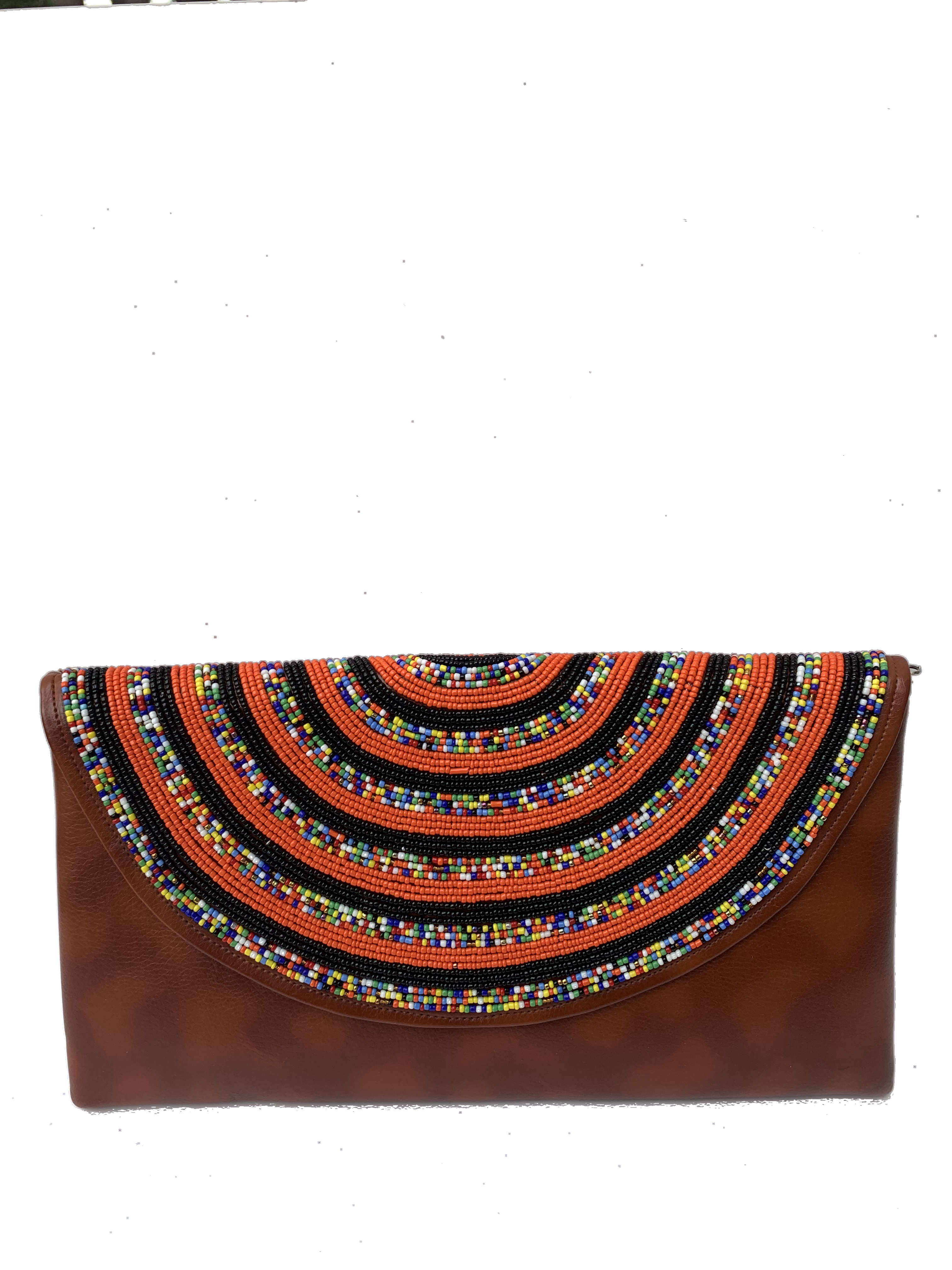 Takoradi Midnight Clutch — handmade brown leather, black, multicolor beaded leather clutch by Rama, Ghana, Duncan BC