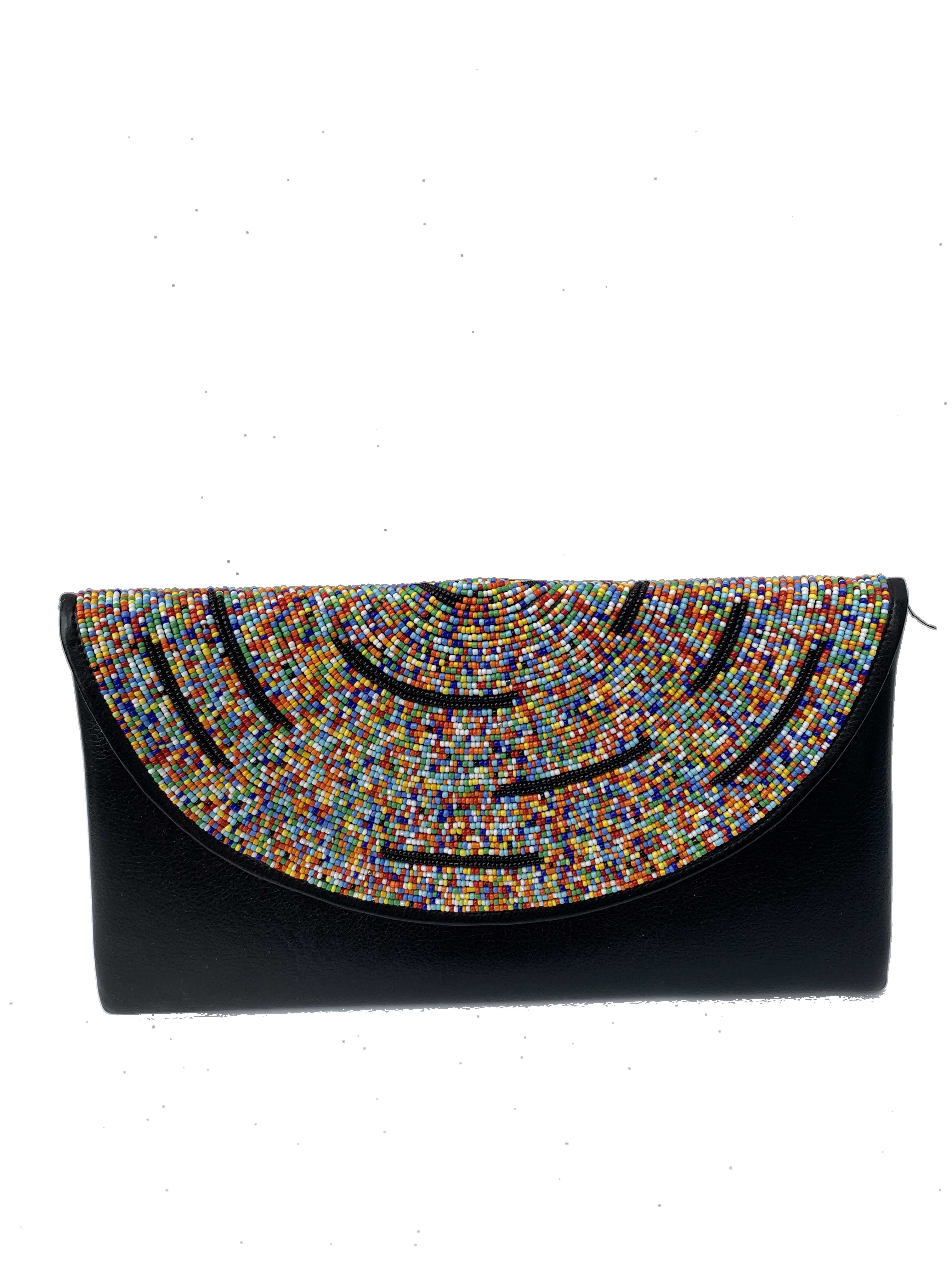 Koforidua Festival Clutch — handmade brown leather, multicolor, festival beaded leather clutch by Rama, Ghana, Duncan BC