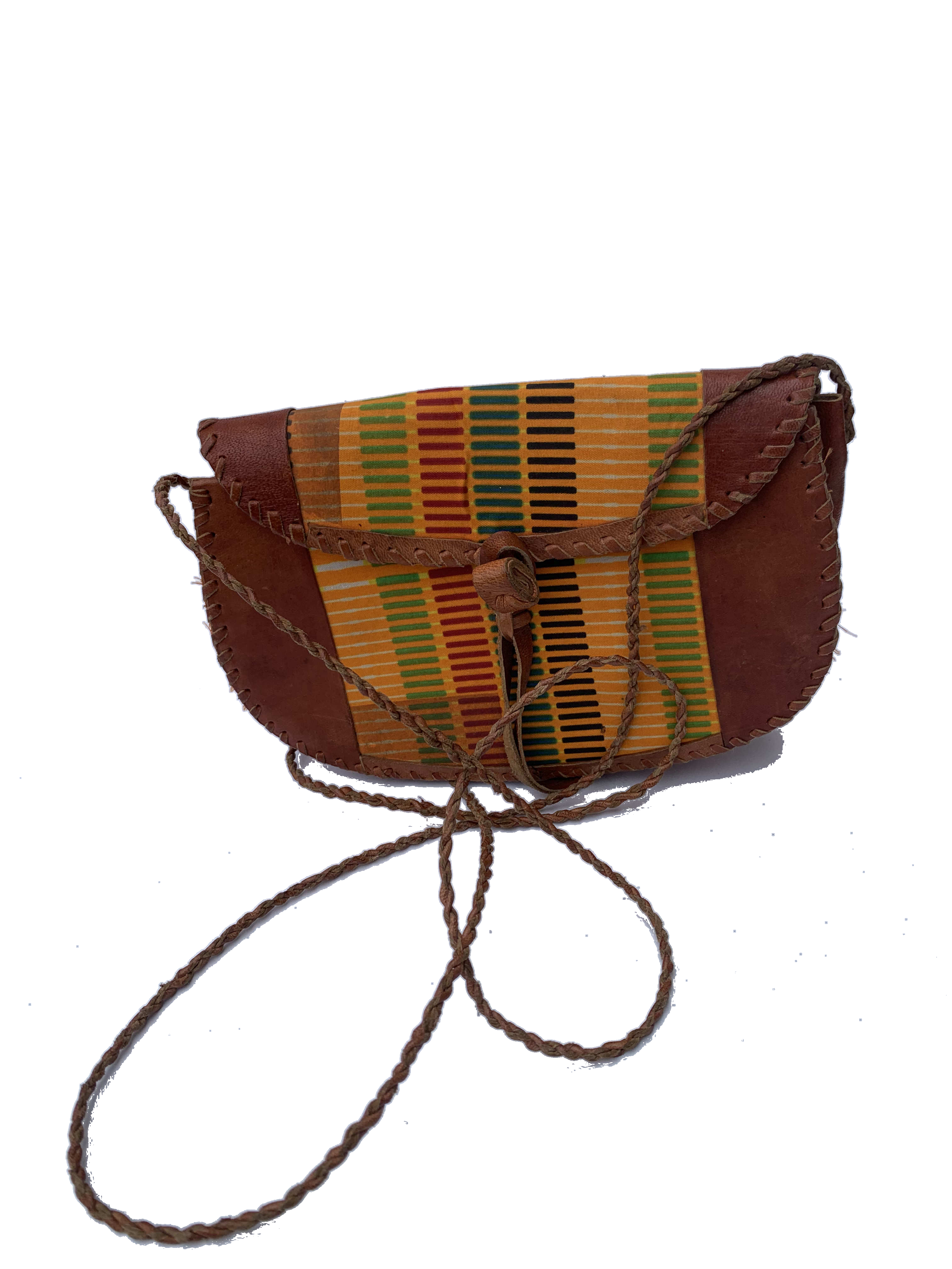 Ho Kente Crossbody — handmade kente, green, yellow, red beaded leather crossbody bag by Rama, Ghana, Duncan BC