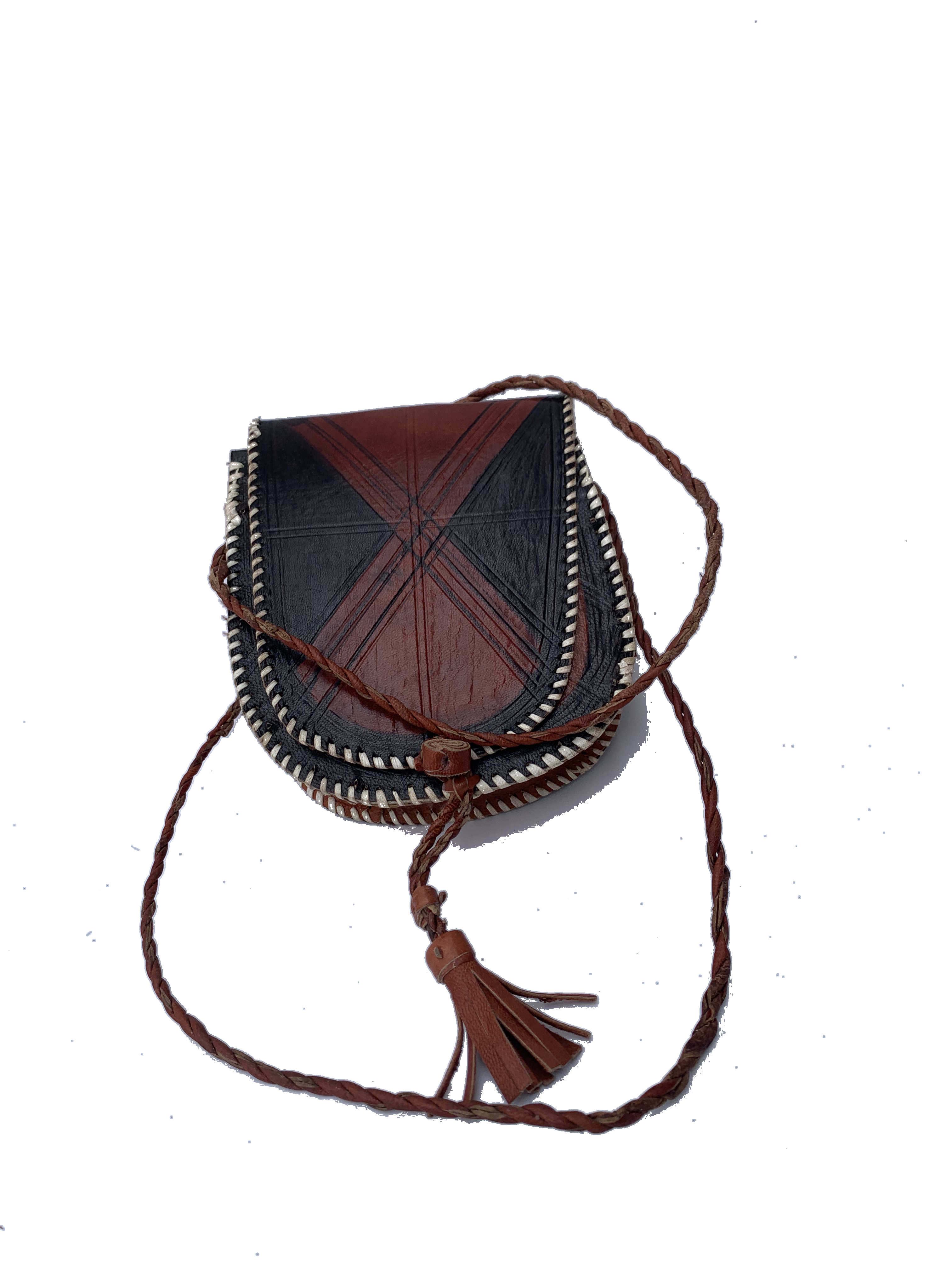Bolgatanga Tassel Crossbody — handmade maroon, brown leather, beaded beaded leather crossbody bag by Rama, Ghana, Duncan BC