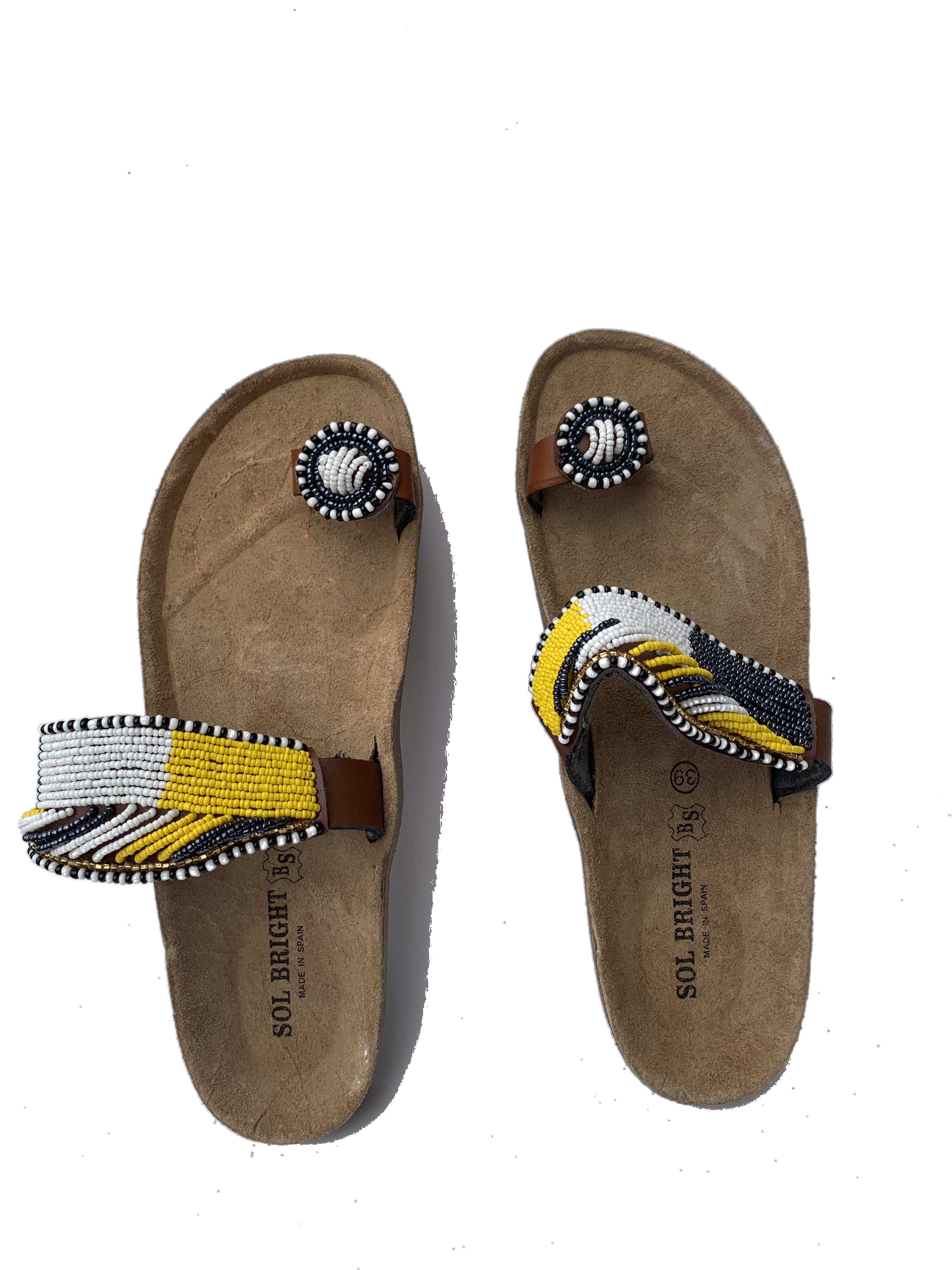 Wa Azure Sandals — handmade blue, yellow, leather beaded leather sandals by Rama, Ghana, Duncan BC