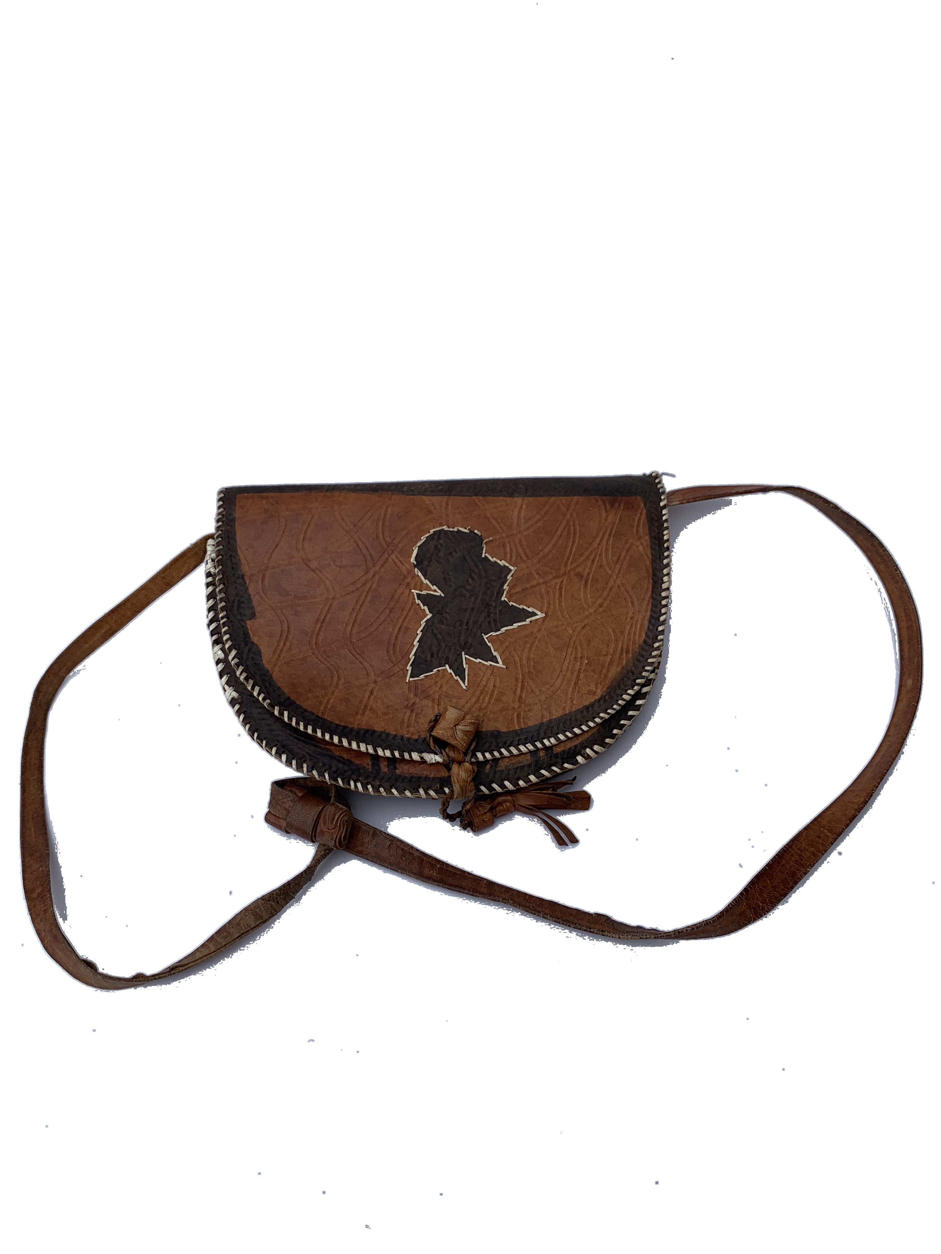 Axim Saddle Bag — handmade brown leather, tan, cutout beaded leather crossbody bag by Rama, Ghana, Duncan BC