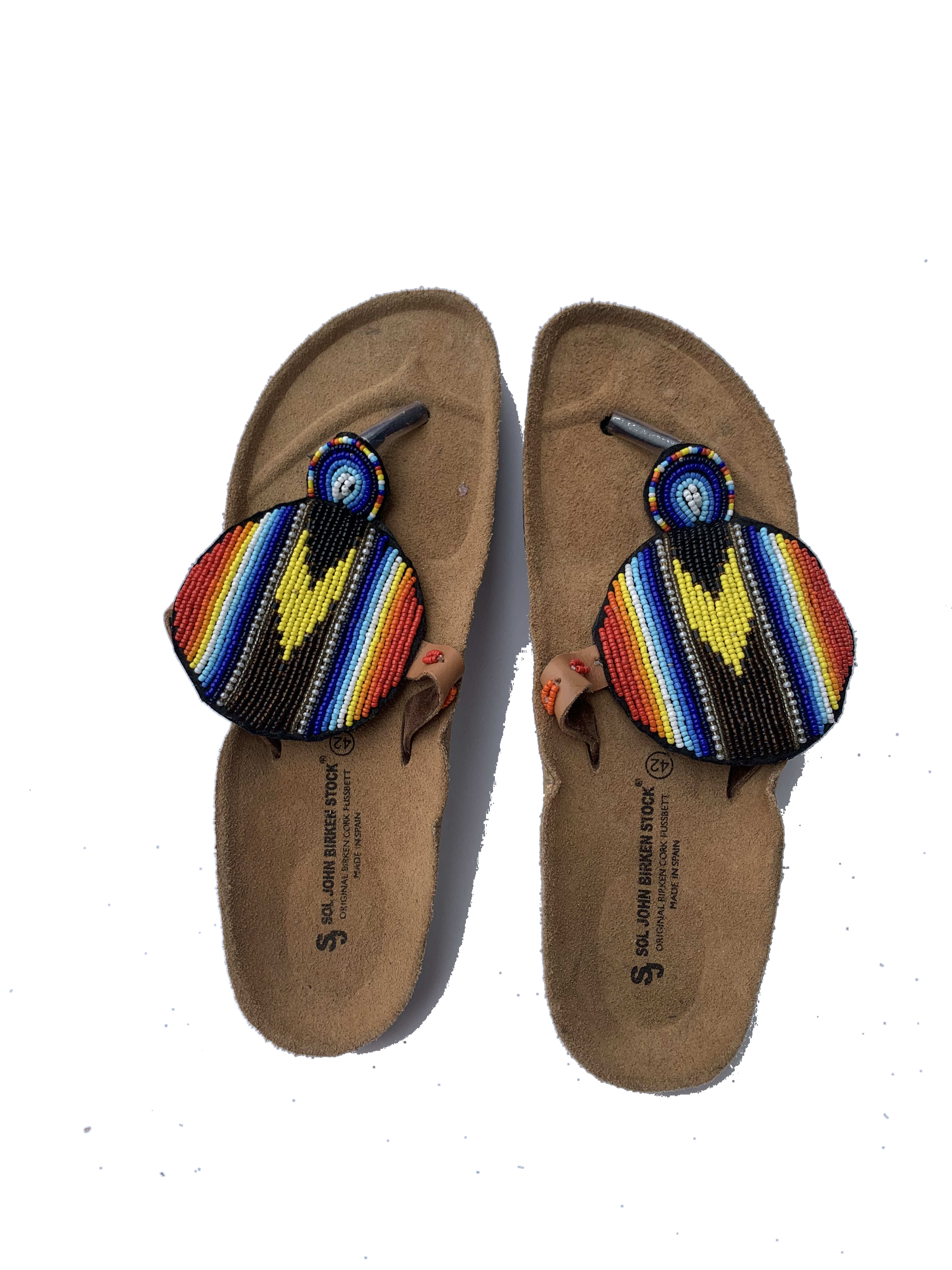 Navrongo Chevron Sandals — handmade blue, yellow, black, chevron beaded leather sandals by Rama, Ghana, Duncan BC