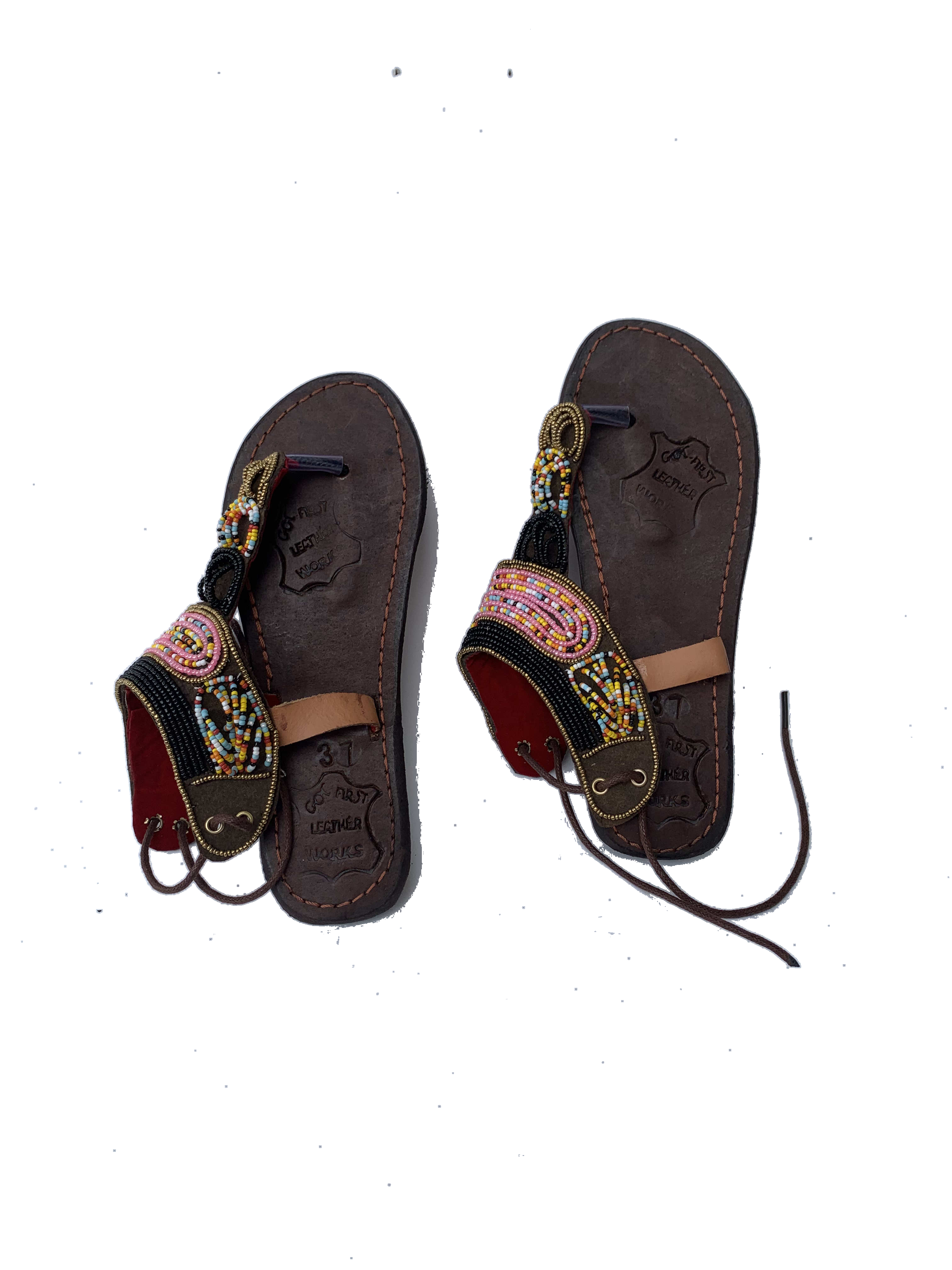 Salaga Ruby Sandals — handmade red, maroon, leather beaded leather sandals by Rama, Ghana, Duncan BC