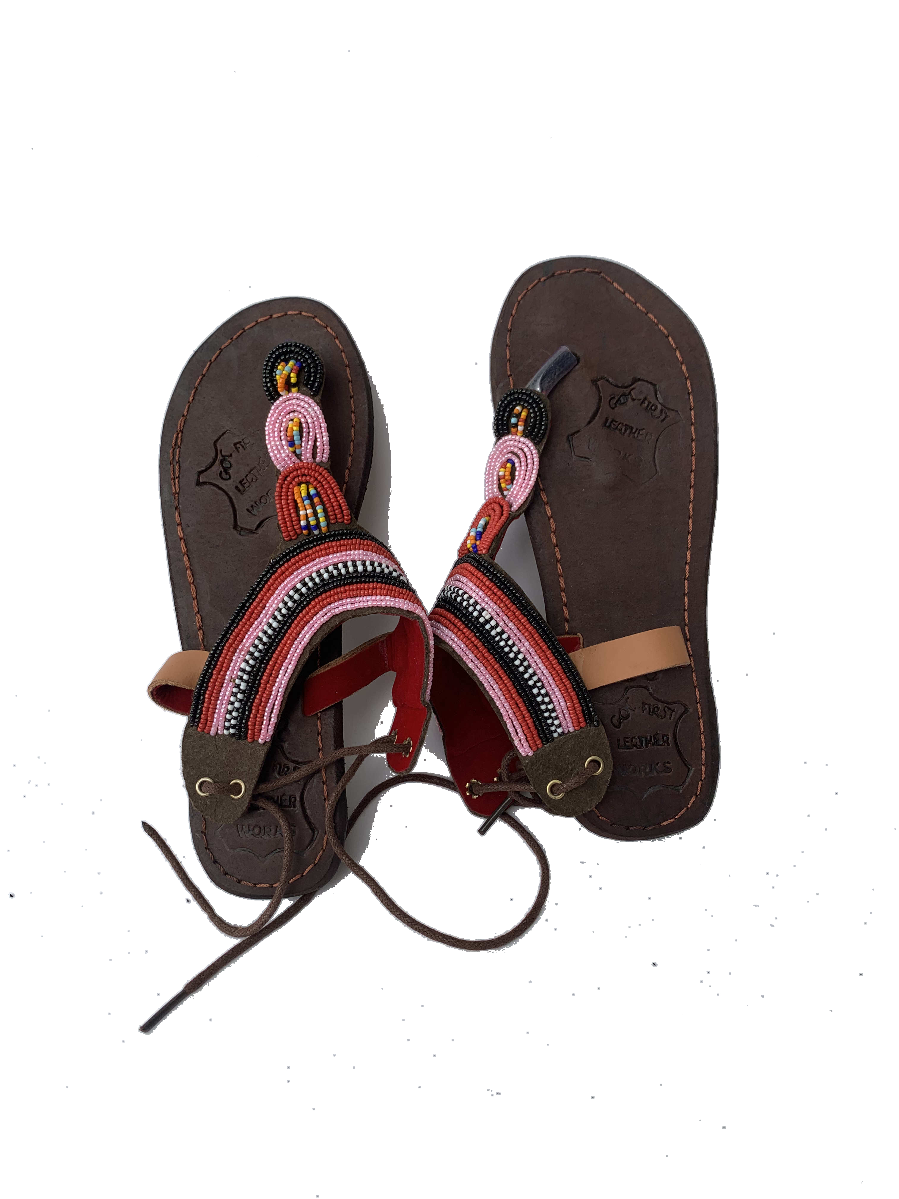 Aflao Candy Sandals — handmade red, white, stripe, leather beaded leather sandals by Rama, Ghana, Duncan BC
