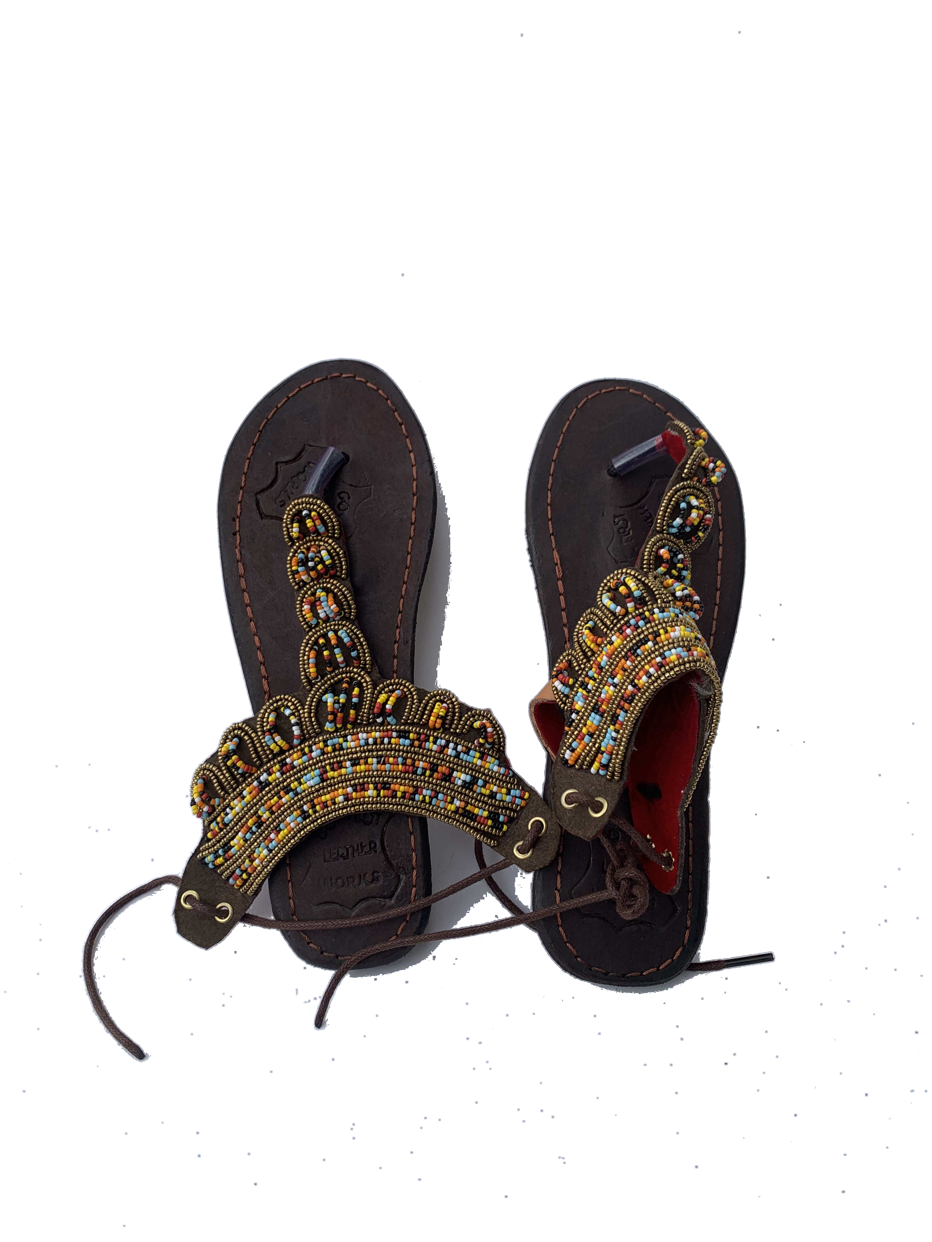 Obuasi Gilded Sandals — handmade gold, red, sequin, leather beaded leather sandals by Rama, Ghana, Duncan BC