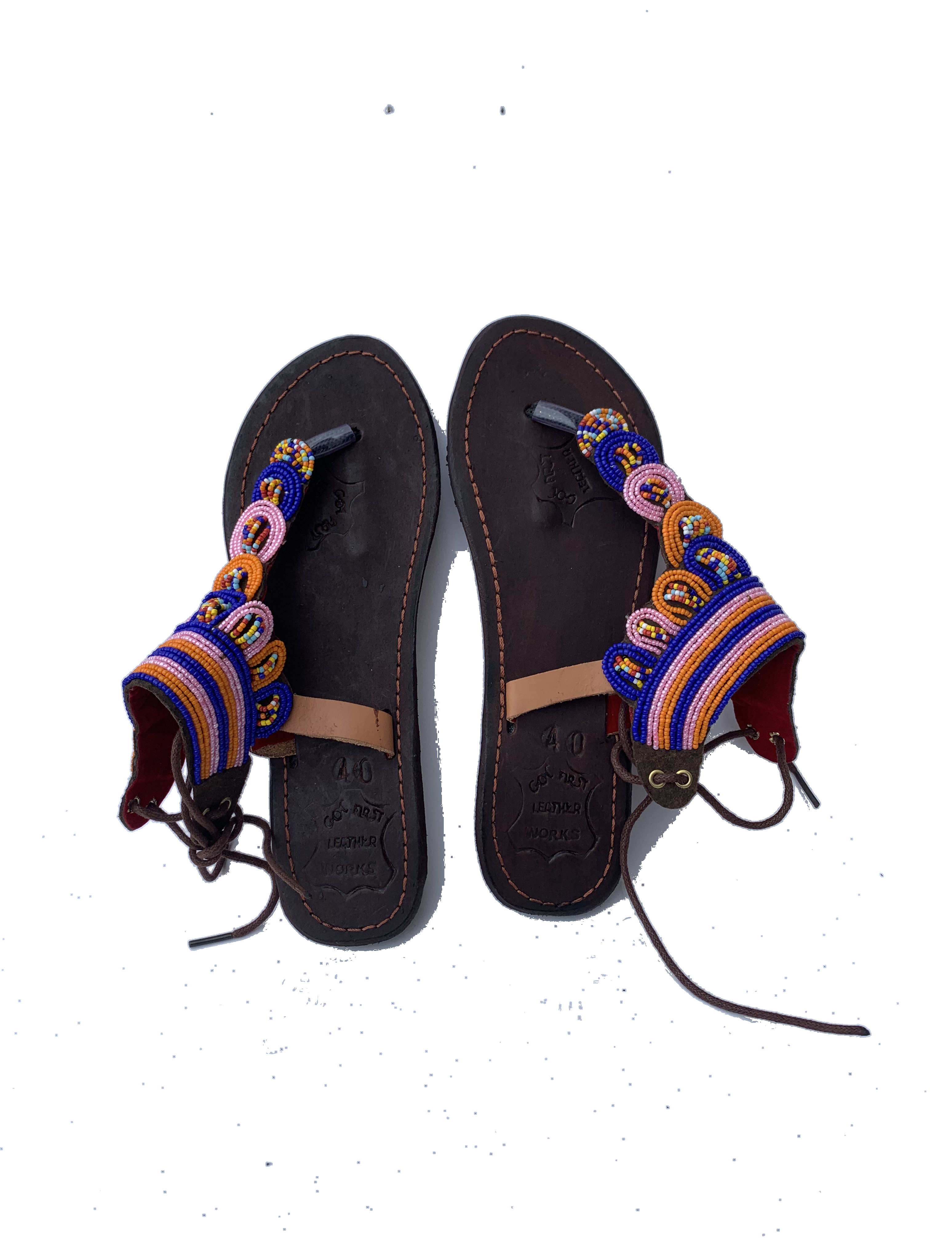 Nkawkaw Carnival Sandals — handmade multicolor, leather beaded leather sandals by Rama, Ghana, Duncan BC