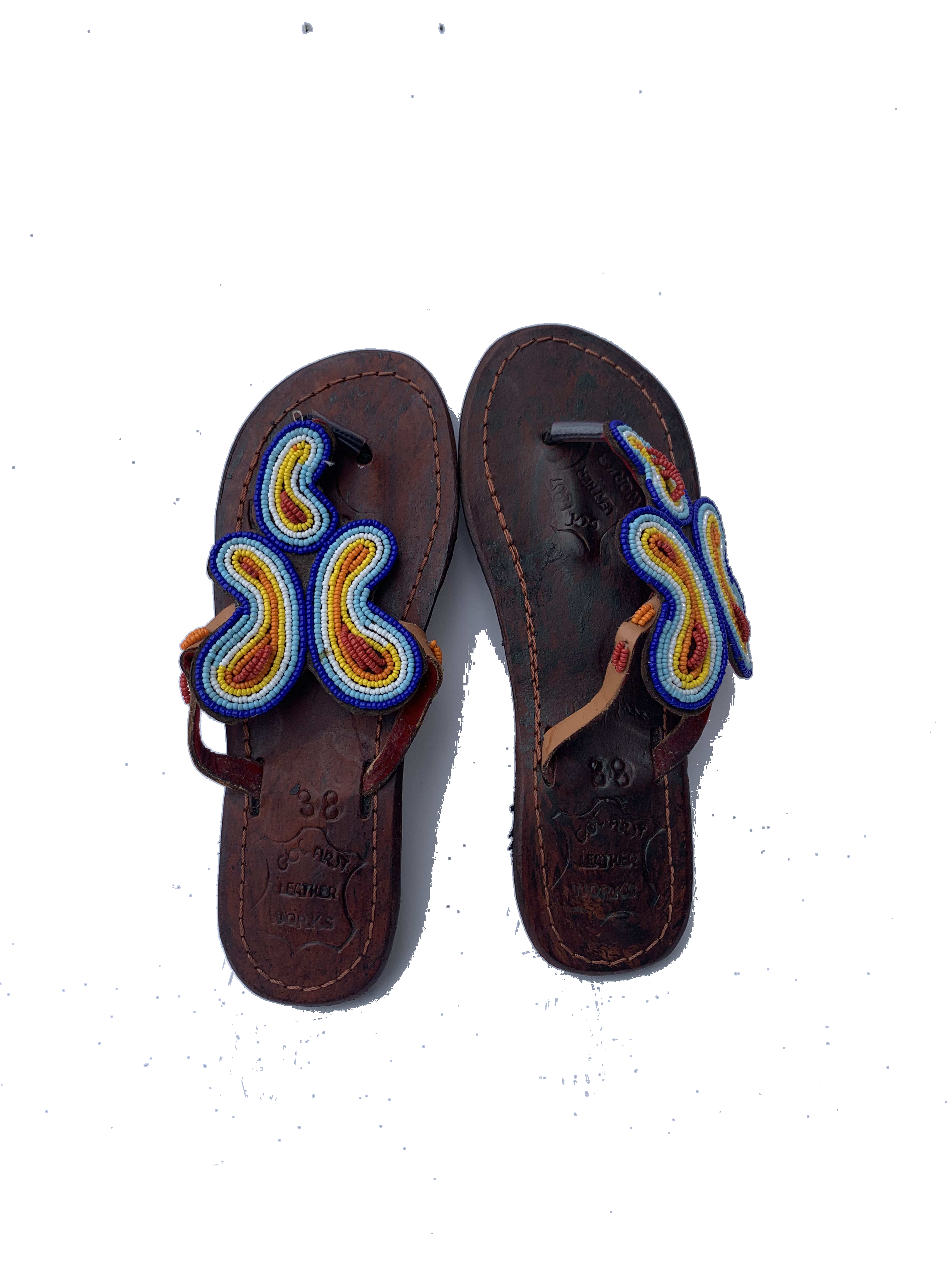 Hohoe Riverbank Sandals — handmade blue, yellow, swirl, leather beaded leather sandals by Rama, Ghana, Duncan BC