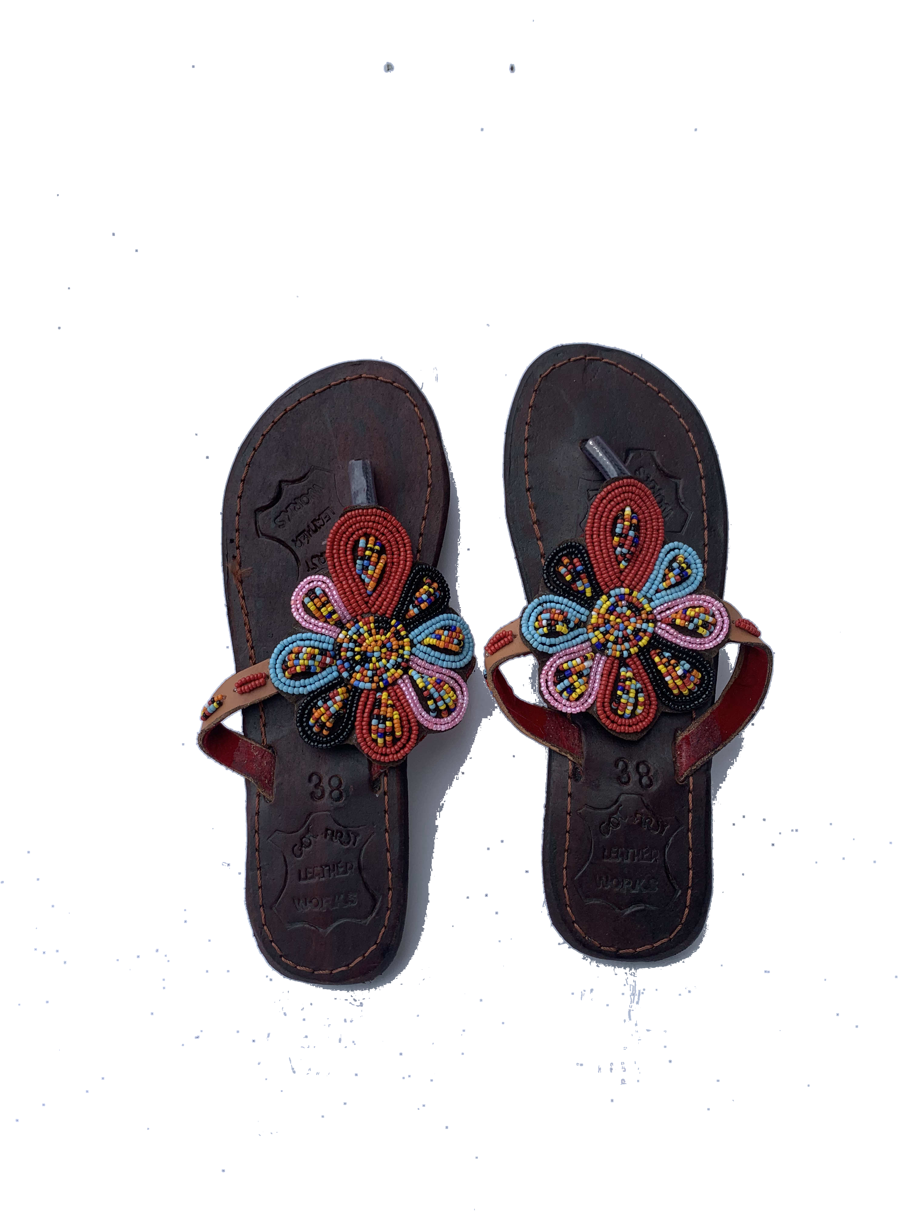 Kintampo Poppy Sandals — handmade red, floral, leather beaded leather sandals by Rama, Ghana, Duncan BC