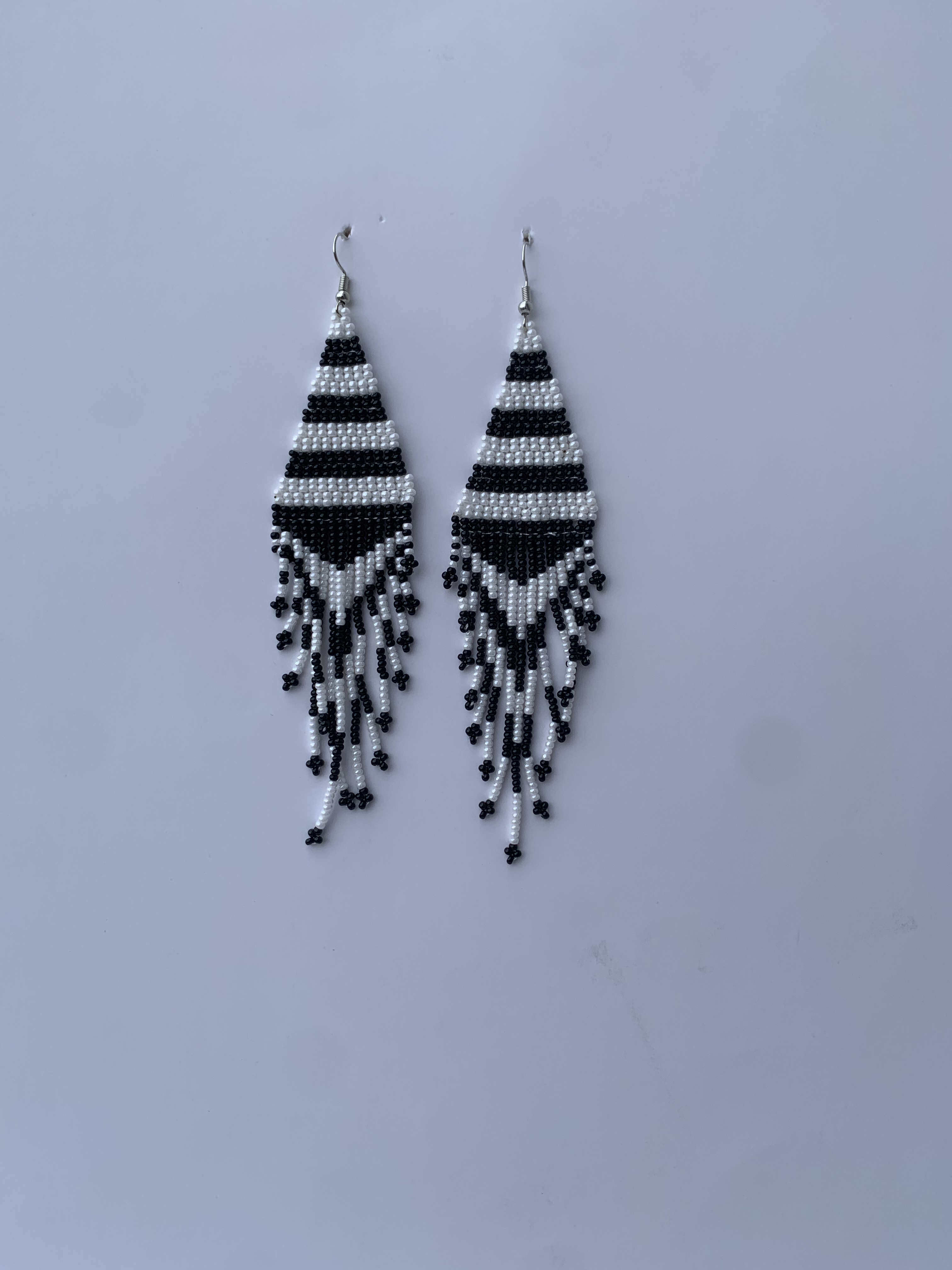 Agogo Domino Fringe — handmade black, white beaded fringe earrings by Rama, Ghana, Duncan BC