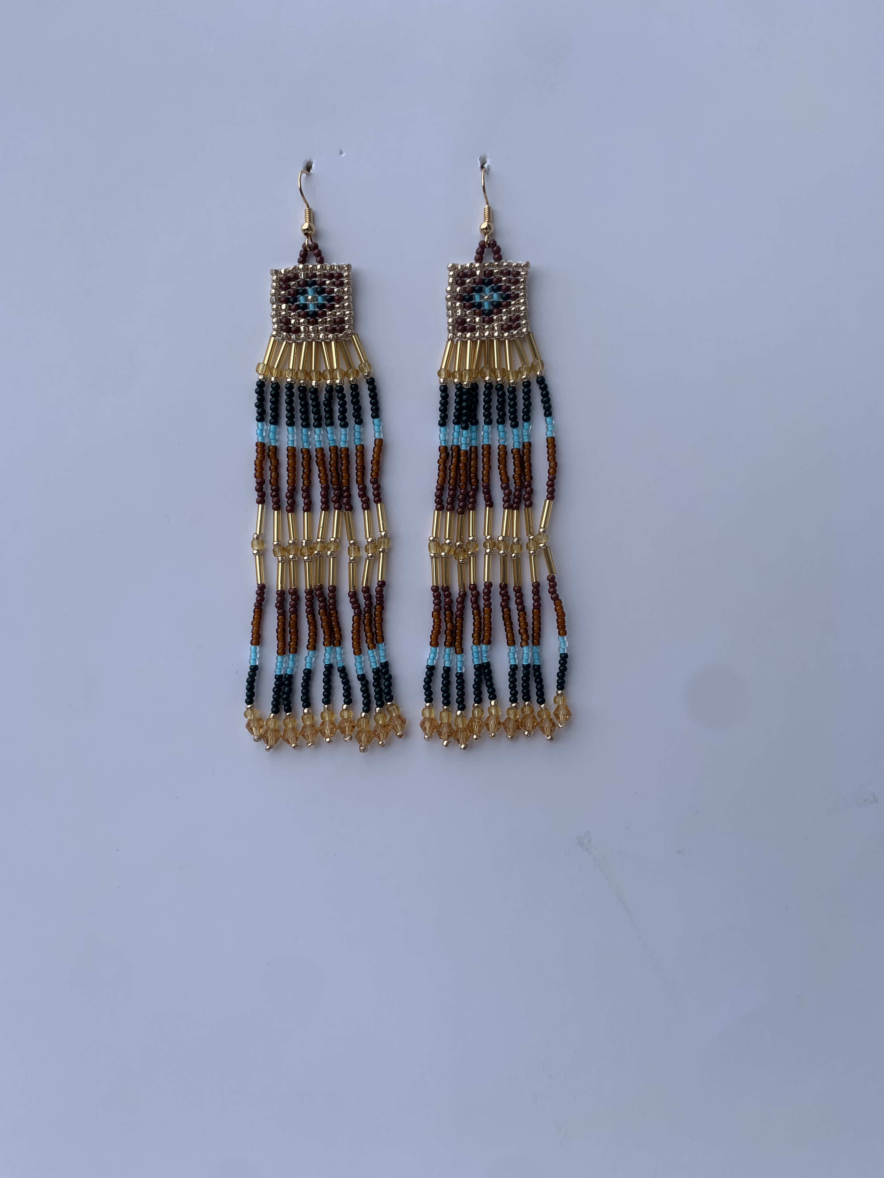 Fomena Earth Cascade — handmade brown, tan, blue beaded fringe earrings by Rama, Ghana, Duncan BC
