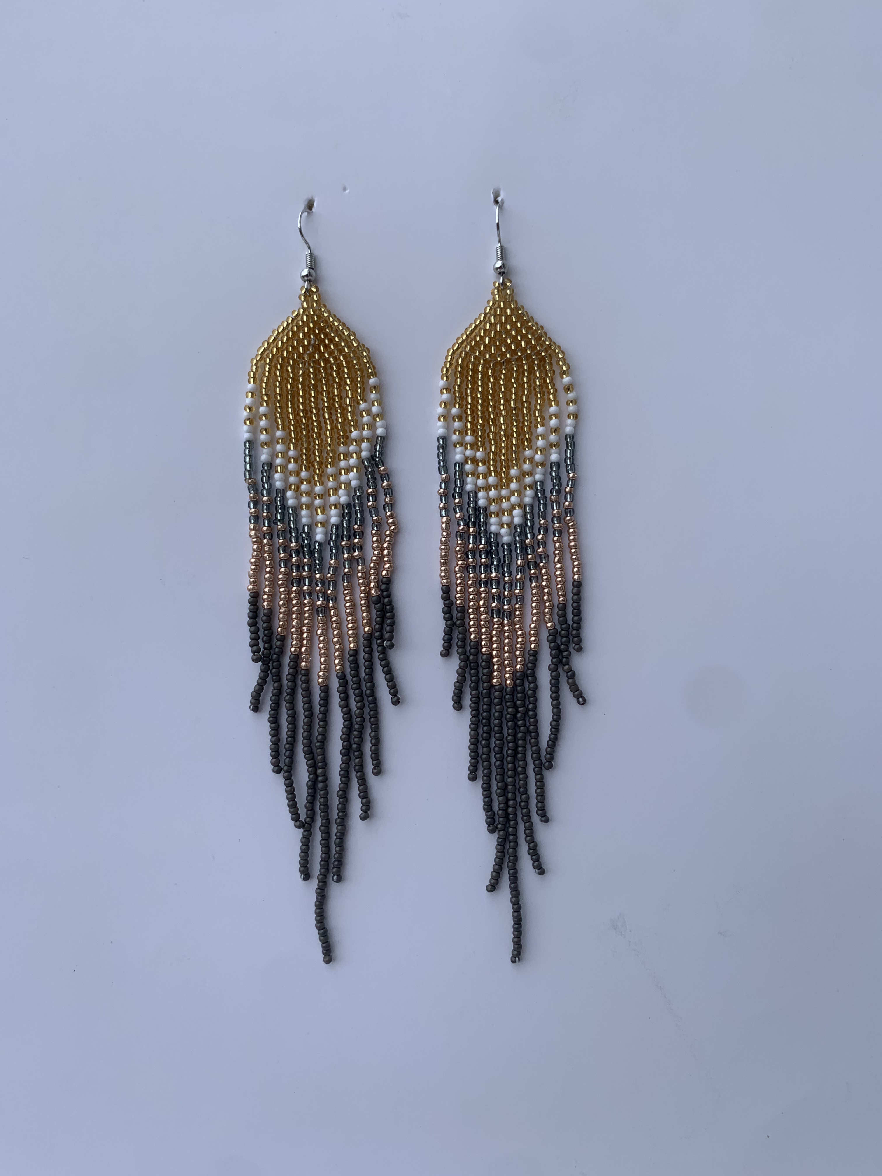 Agona Dawn Cascade — handmade gold, grey, blush beaded fringe earrings by Rama, Ghana, Duncan BC