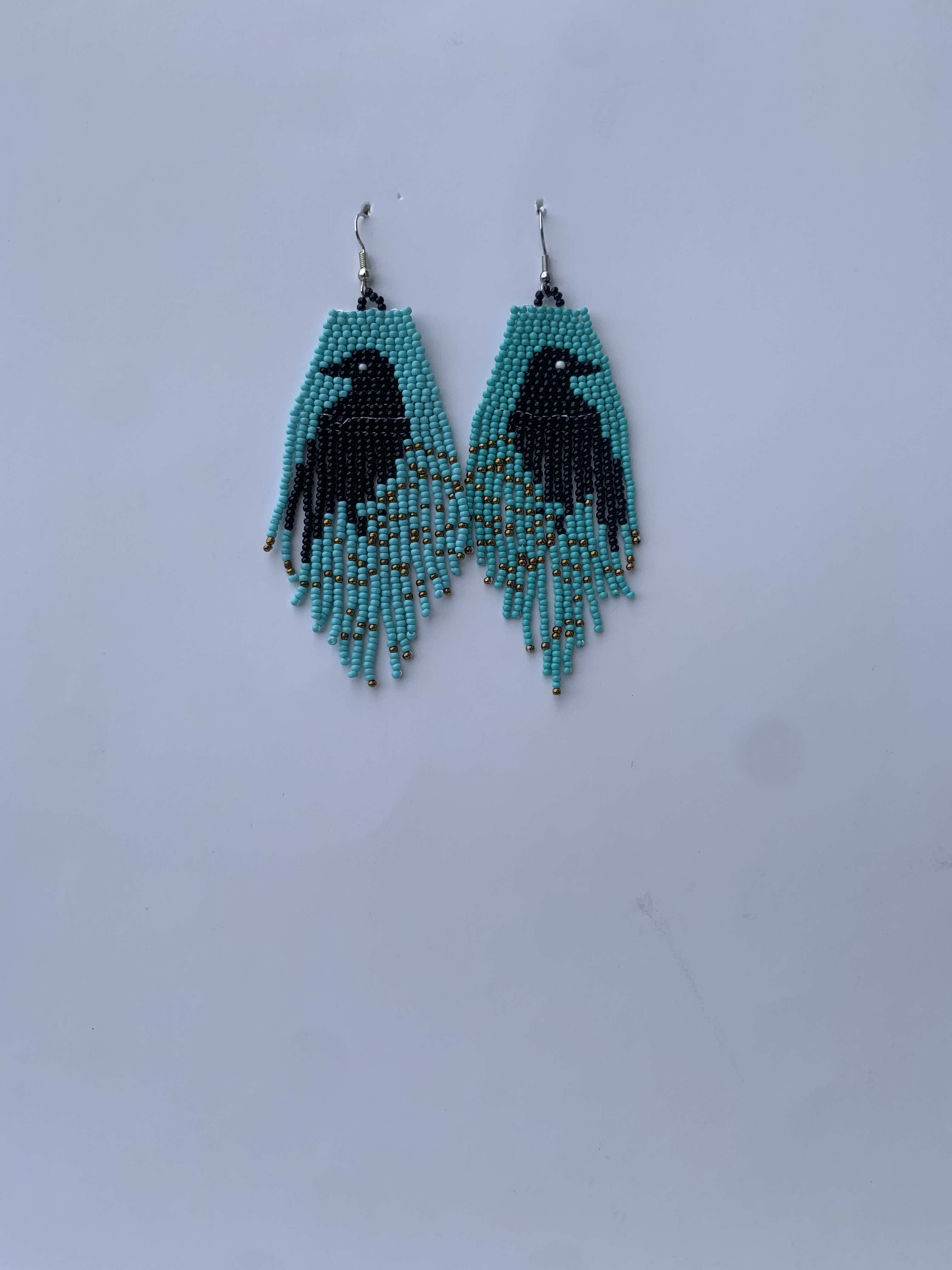 Apam Kingfisher Fringe — handmade teal, black, white beaded fringe earrings by Rama, Ghana, Duncan BC
