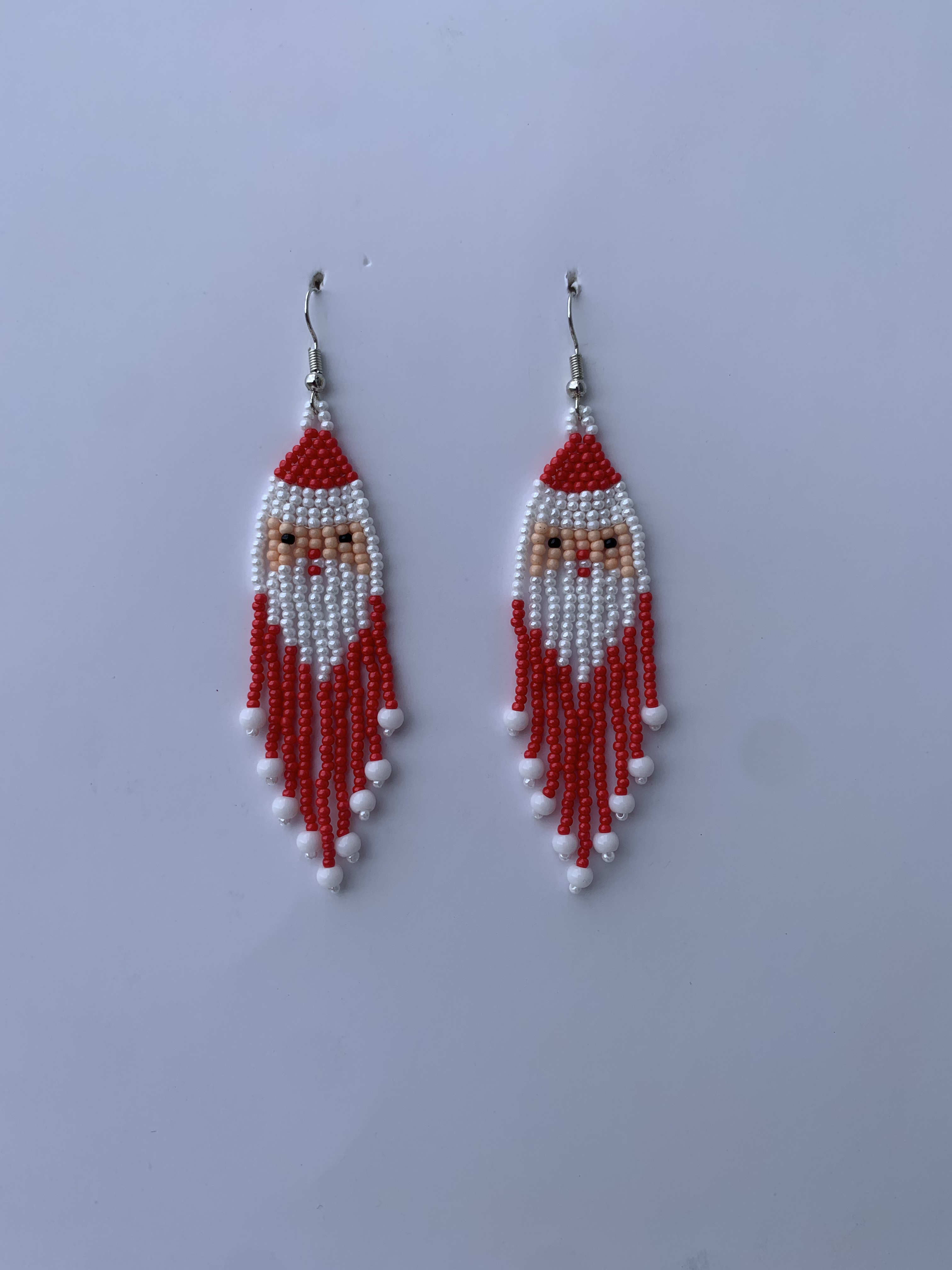 Enchi Poinsettia Fringe — handmade red, white, coral beaded fringe earrings by Rama, Ghana, Duncan BC