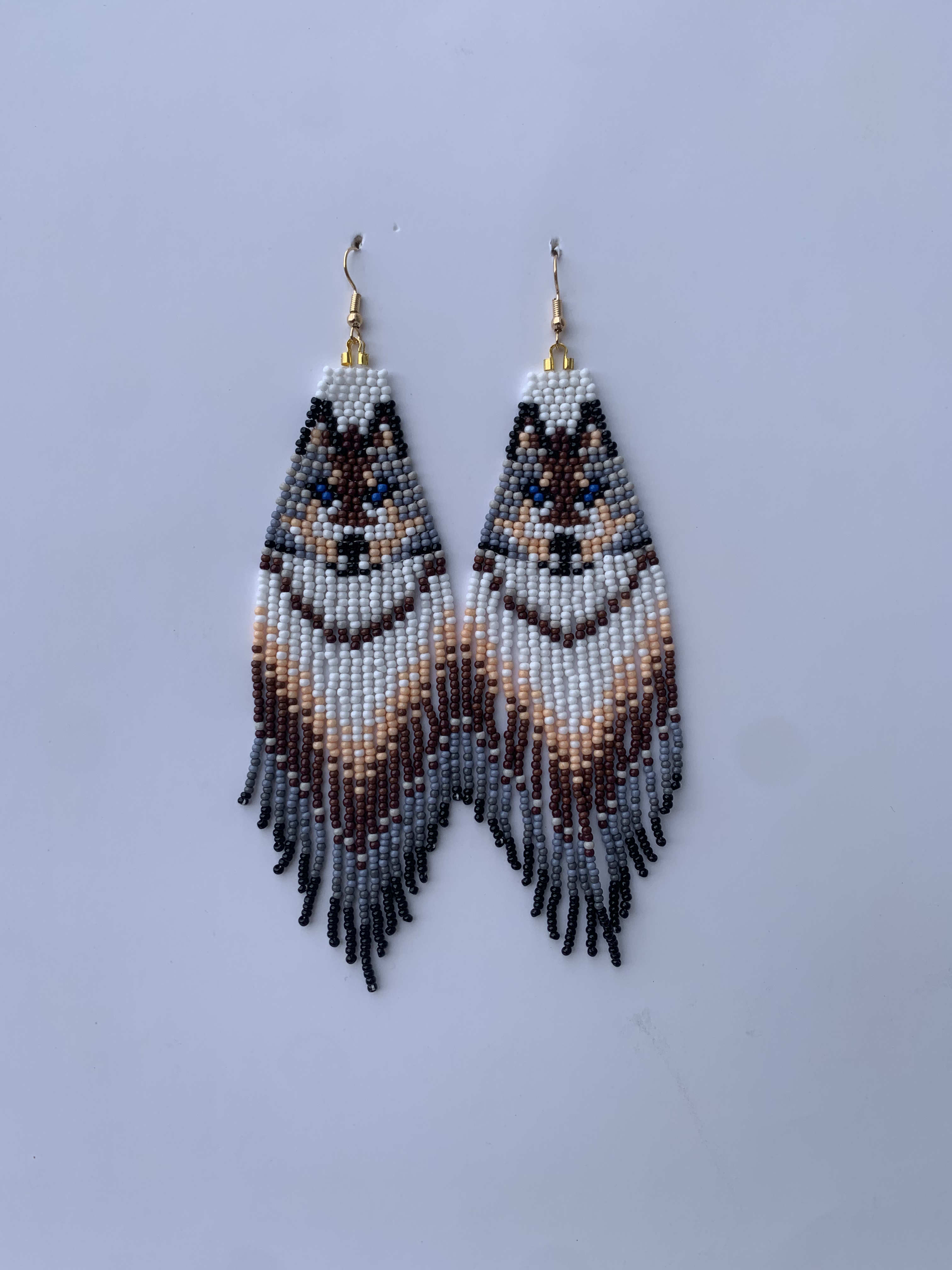 Juaboso Wolf Fringe — handmade brown, black, white beaded fringe earrings by Rama, Ghana, Duncan BC