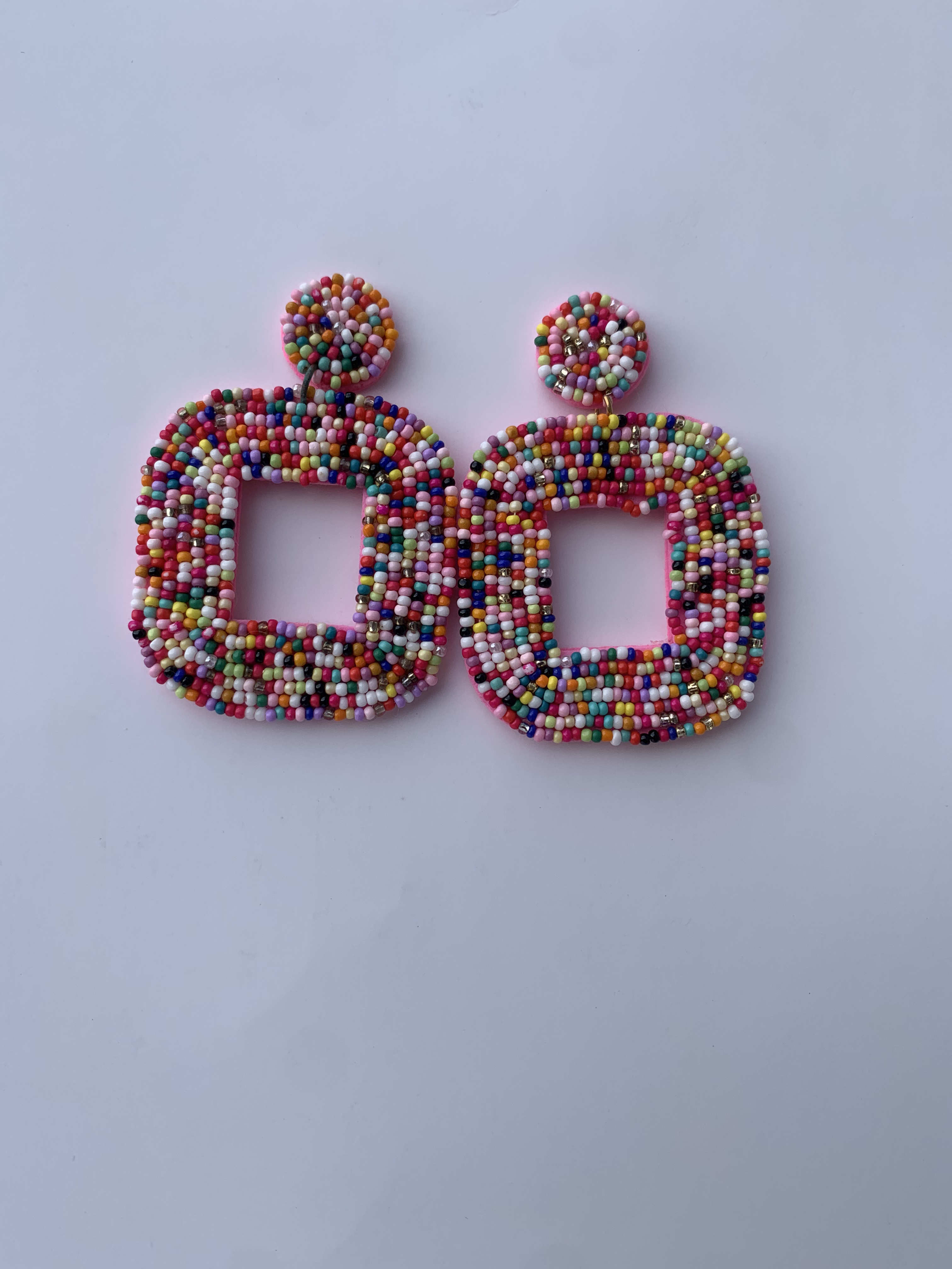 Drobo Confetti Squares — handmade multicolor, confetti beaded hoop earrings by Rama, Ghana, Duncan BC