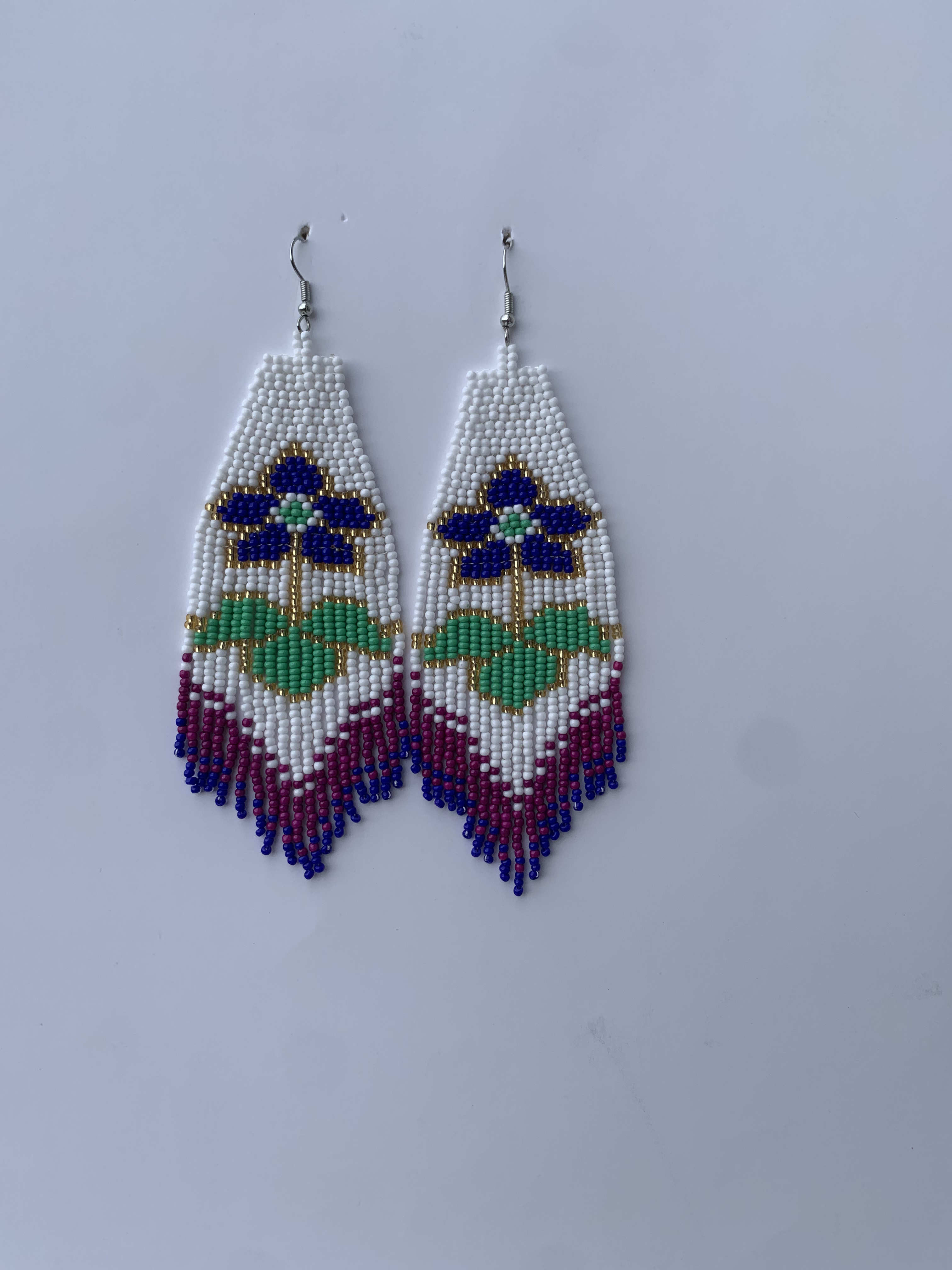 Dormaa Meadow Fringe — handmade white, blue, green beaded fringe earrings by Rama, Ghana, Duncan BC