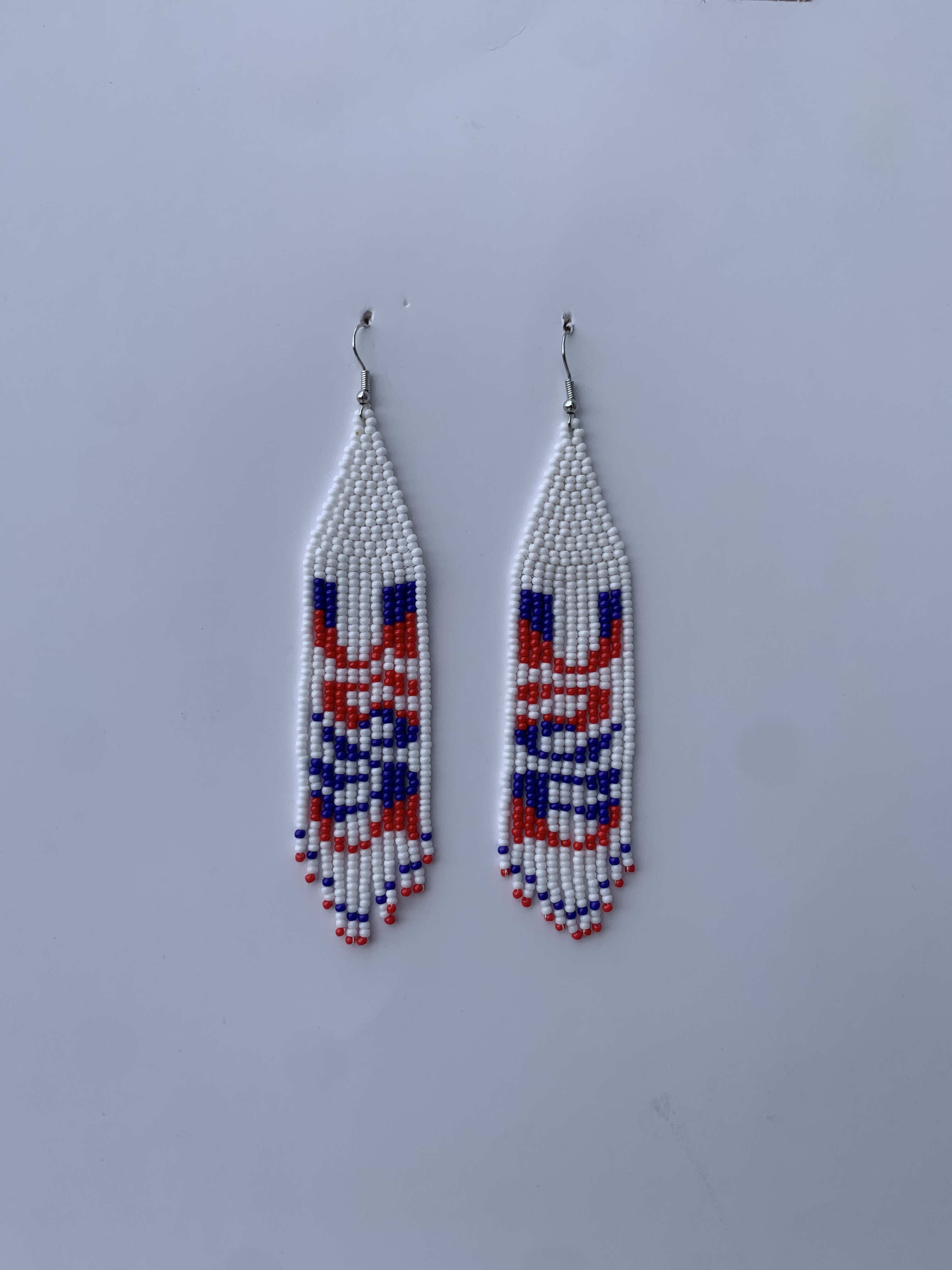 Nkoranza Petite Fringe — handmade white, red, blue beaded fringe earrings by Rama, Ghana, Duncan BC