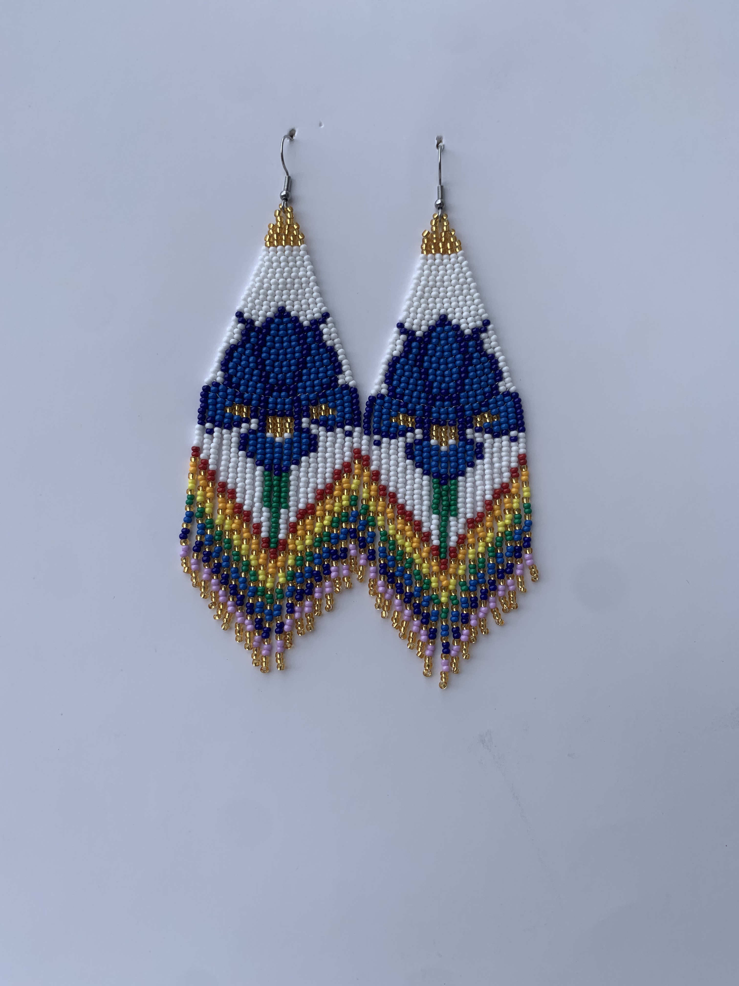 Atebubu Bloom Fringe — handmade blue, multicolor beaded fringe earrings by Rama, Ghana, Duncan BC