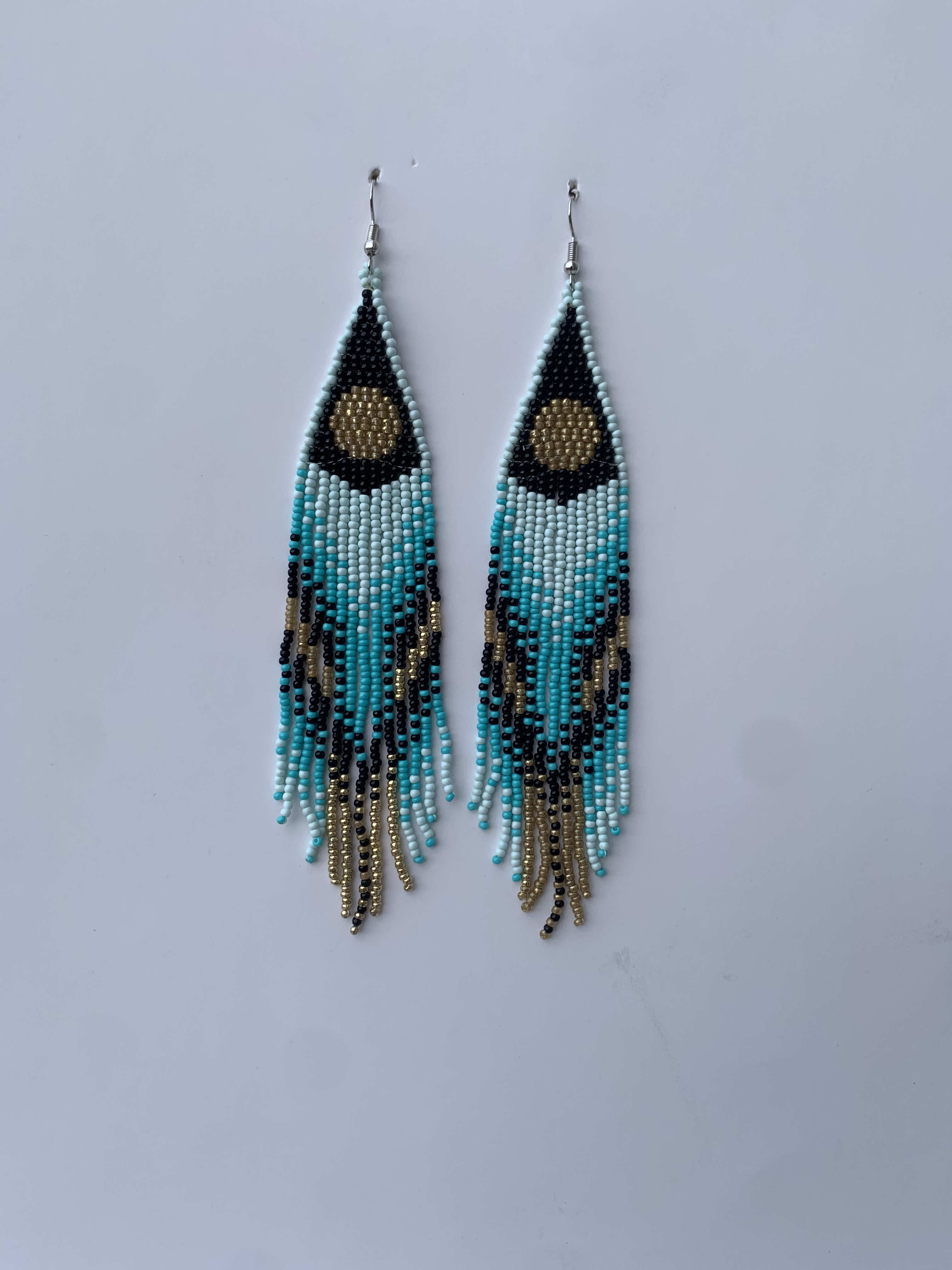 Ejura Peacock Feather — handmade teal, black, gold beaded fringe earrings by Rama, Ghana, Duncan BC