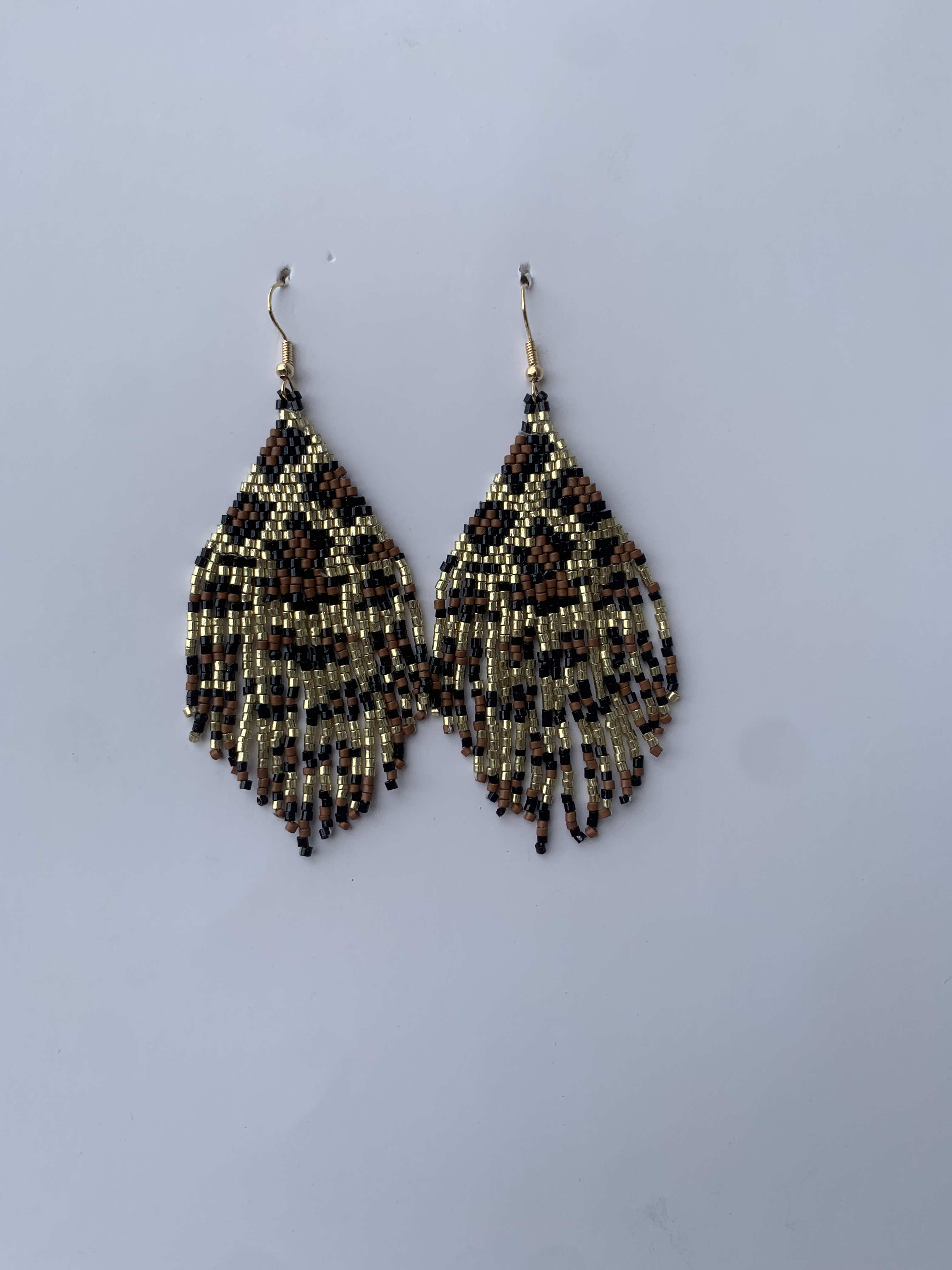 Effiduase Gilded Feather — handmade gold, black beaded fringe earrings by Rama, Ghana, Duncan BC