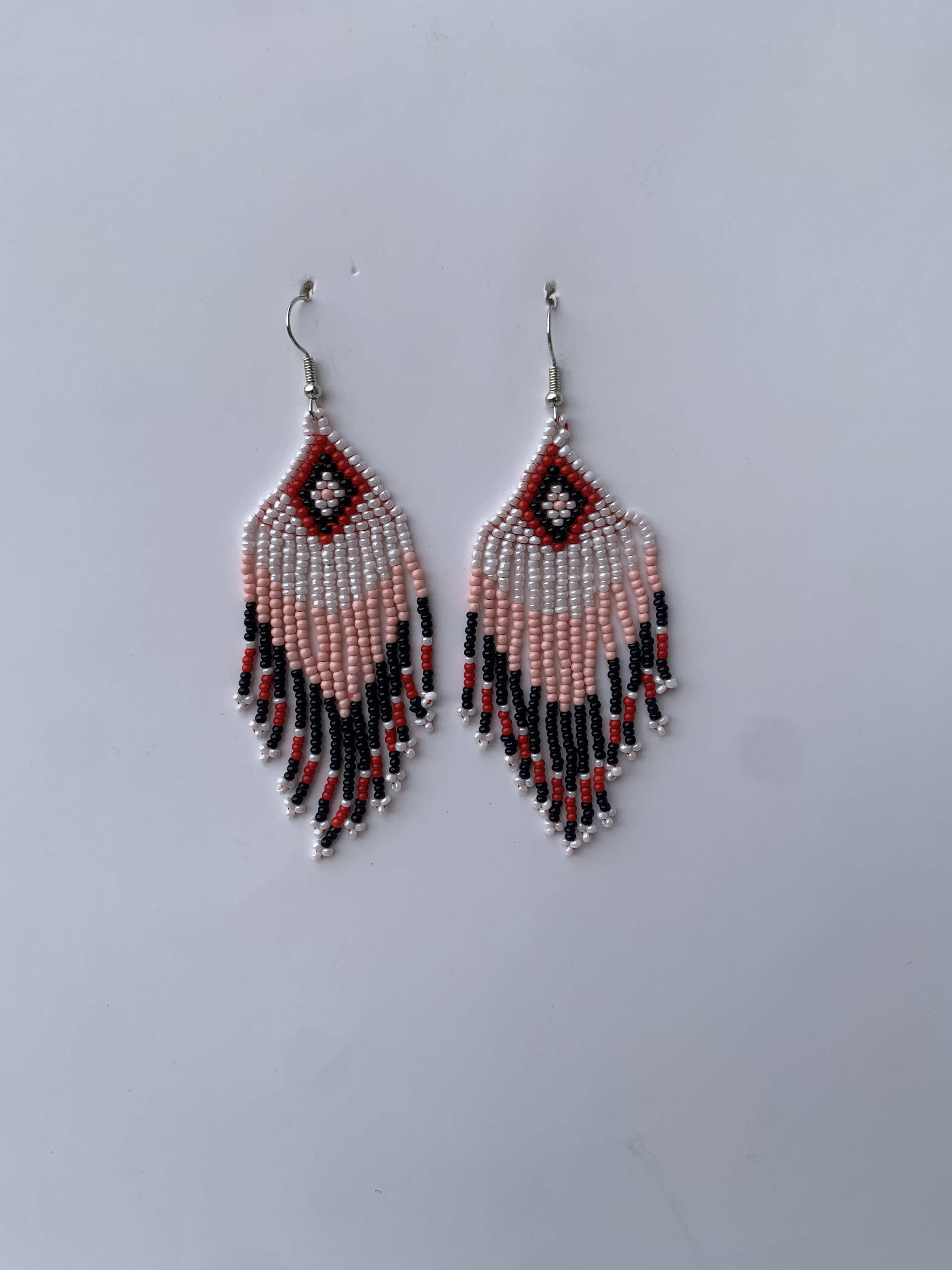 Juaso Blush Feather — handmade pink, blush, black beaded fringe earrings by Rama, Ghana, Duncan BC