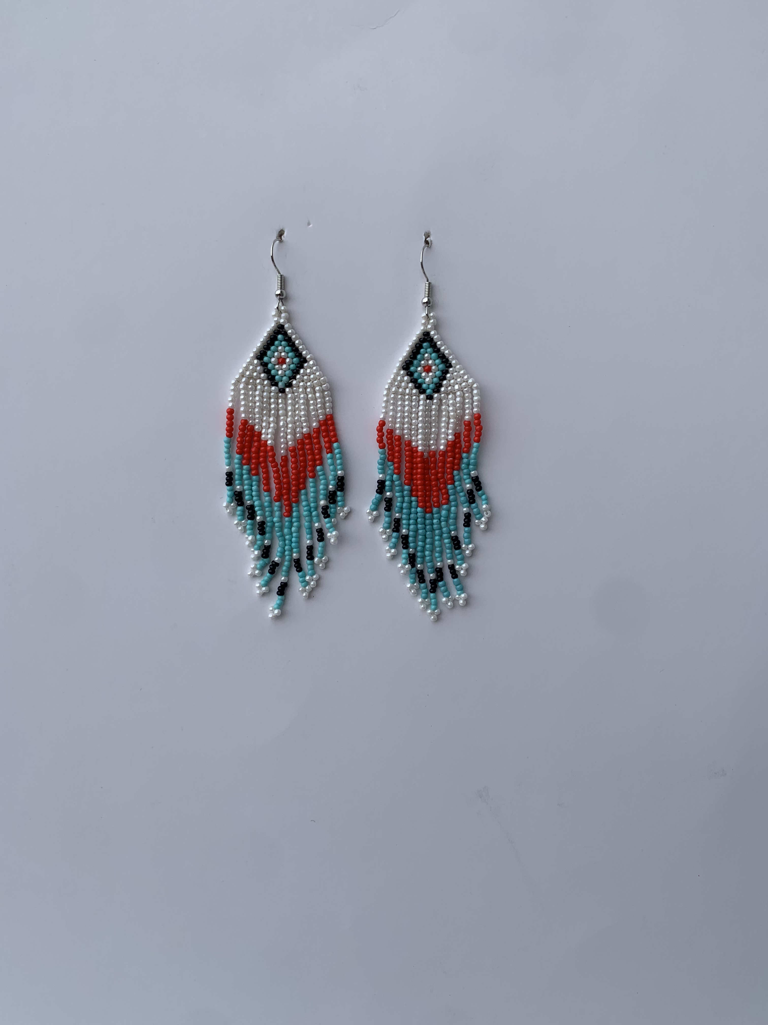 Asokore Diamond Fringe — handmade white, teal, red beaded fringe earrings by Rama, Ghana, Duncan BC