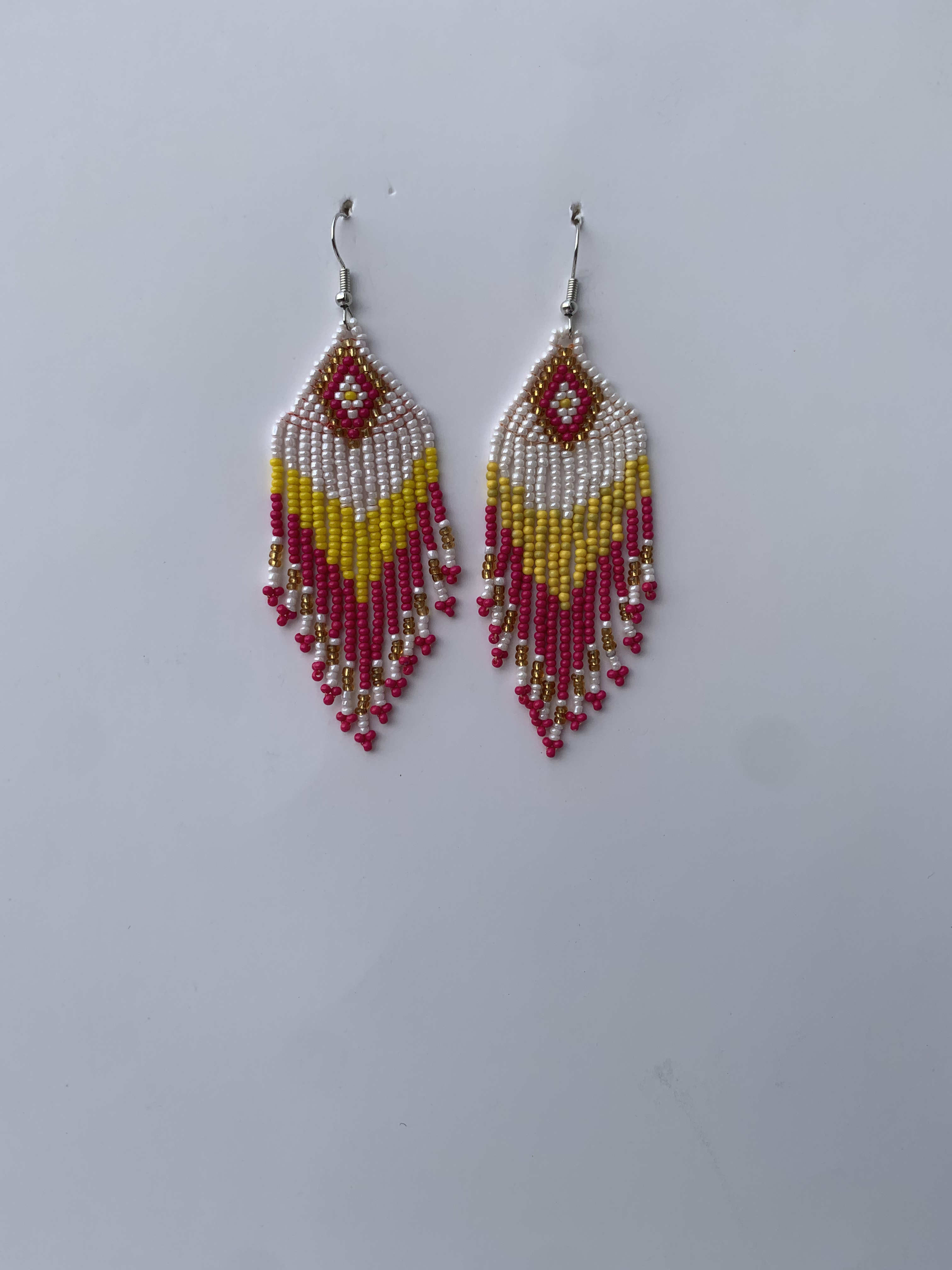 Hwidiem Sunbeam Feather — handmade white, yellow, pink beaded fringe earrings by Rama, Ghana, Duncan BC