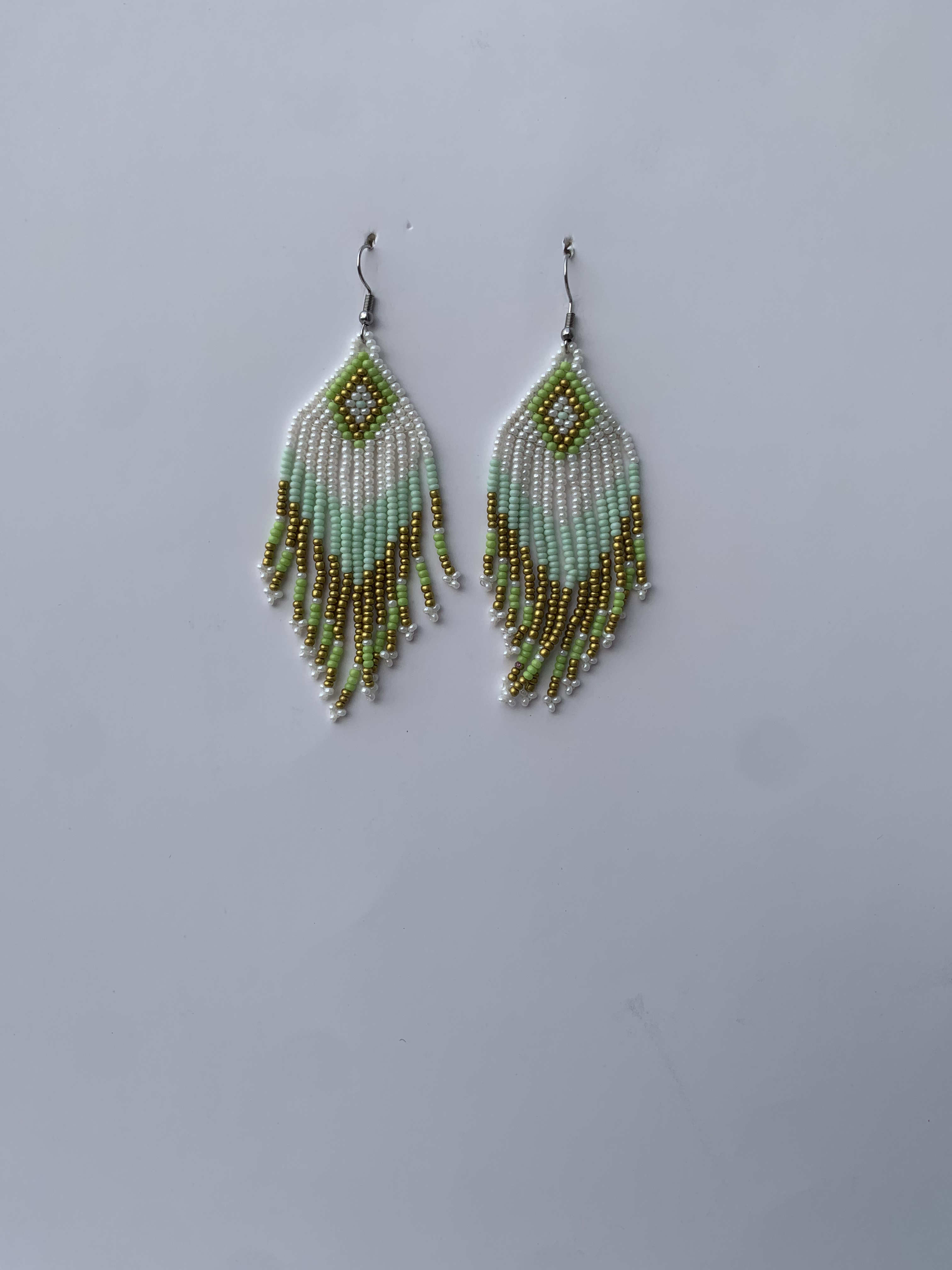 Kenyasi Fern Feather — handmade green, olive beaded fringe earrings by Rama, Ghana, Duncan BC